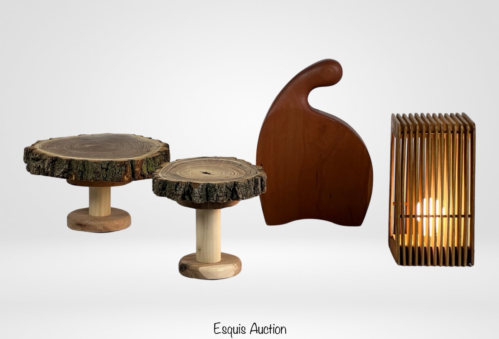 Wood Home/ Cottage Decor- Slab Cake Stands: Wood Home/ Cottage Decor- Slab Cake/ Cupcake Stands, Wood Plank Lantern Lamp and Modernist Wooden Sculpture. Cake Stands are 13" tall & 9" in dia, Sculpture is 15 1/2" tall. Good Condition.
