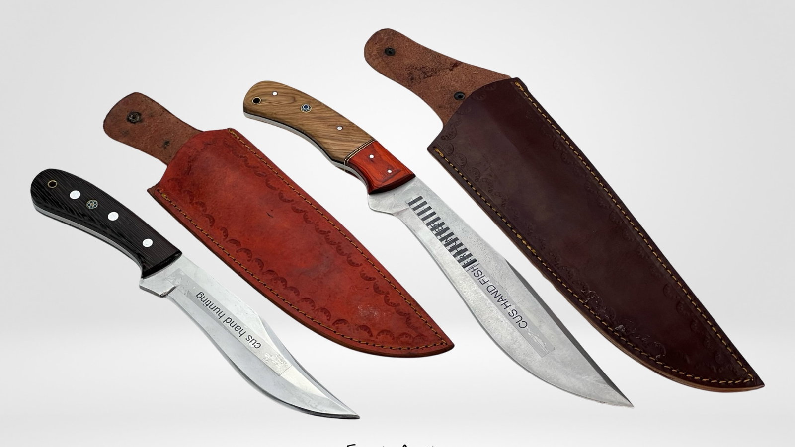 Cus Hand Hunting & Cus Hand Fisher Hunter Knives: Cus Hand Hunting & Cus Hand Fisher Hunter Knives. 11 3/4" & 14 3/4" long. Mint/ near mint condition with sheath.