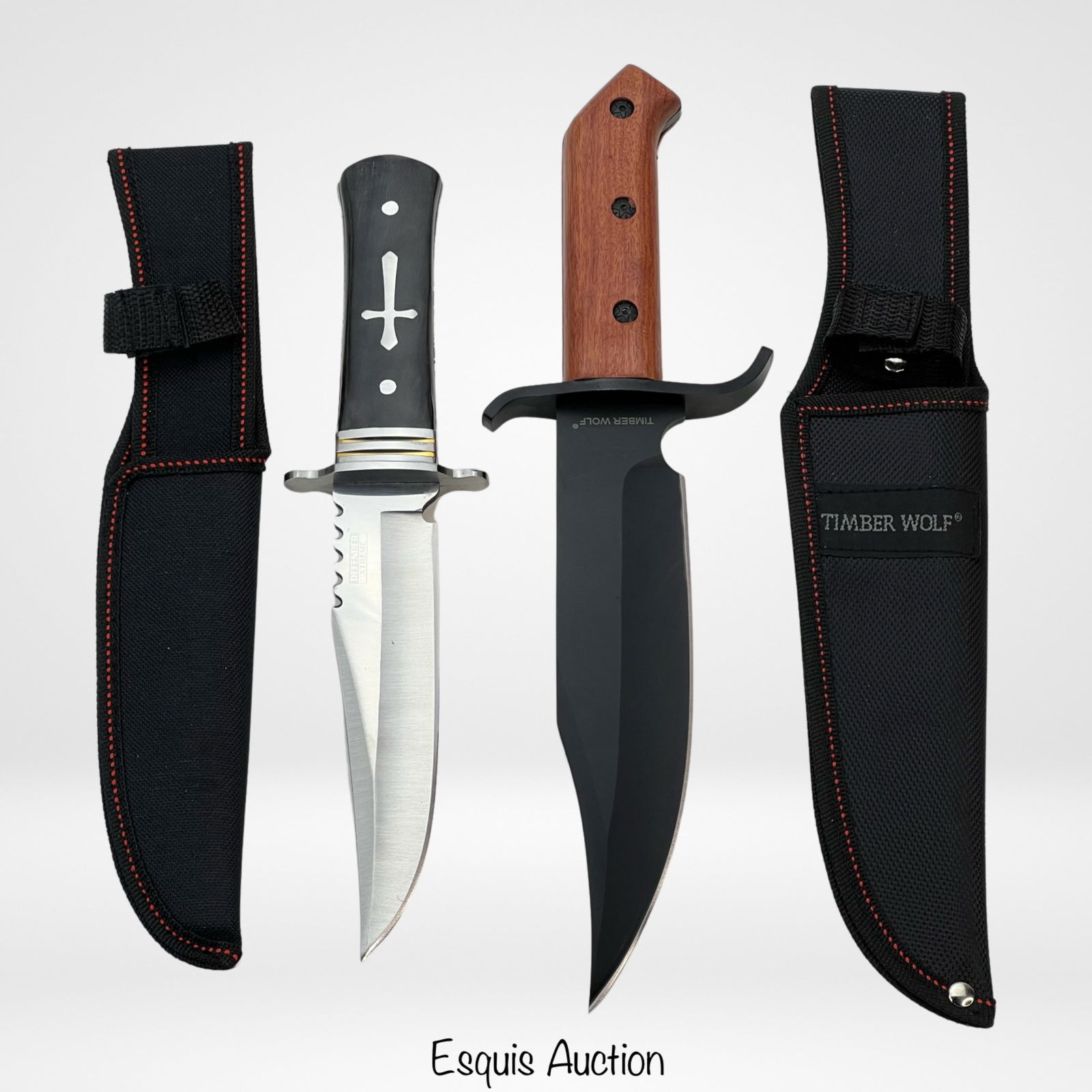 Two Bowie Hunter Knives: Defender Xtreme Medium Fixed Blade Hunter Knife and Timber Wolf Claim Staker Bowie Knife. 11" & 12 1/2" long. Both are in mint condition with sheath.