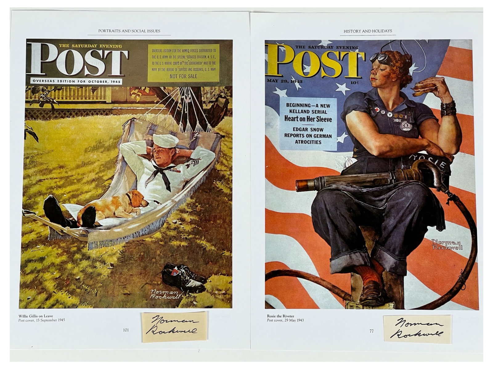 2 Norman Norckwell Autograph/ Signature Cuts: Capture the essence of Americana with this charming collection featuring two Norman Rockwell autograph signature cuts, each accompanied by a 10" x 14" art book page showcasing Rockwell's timeless illu