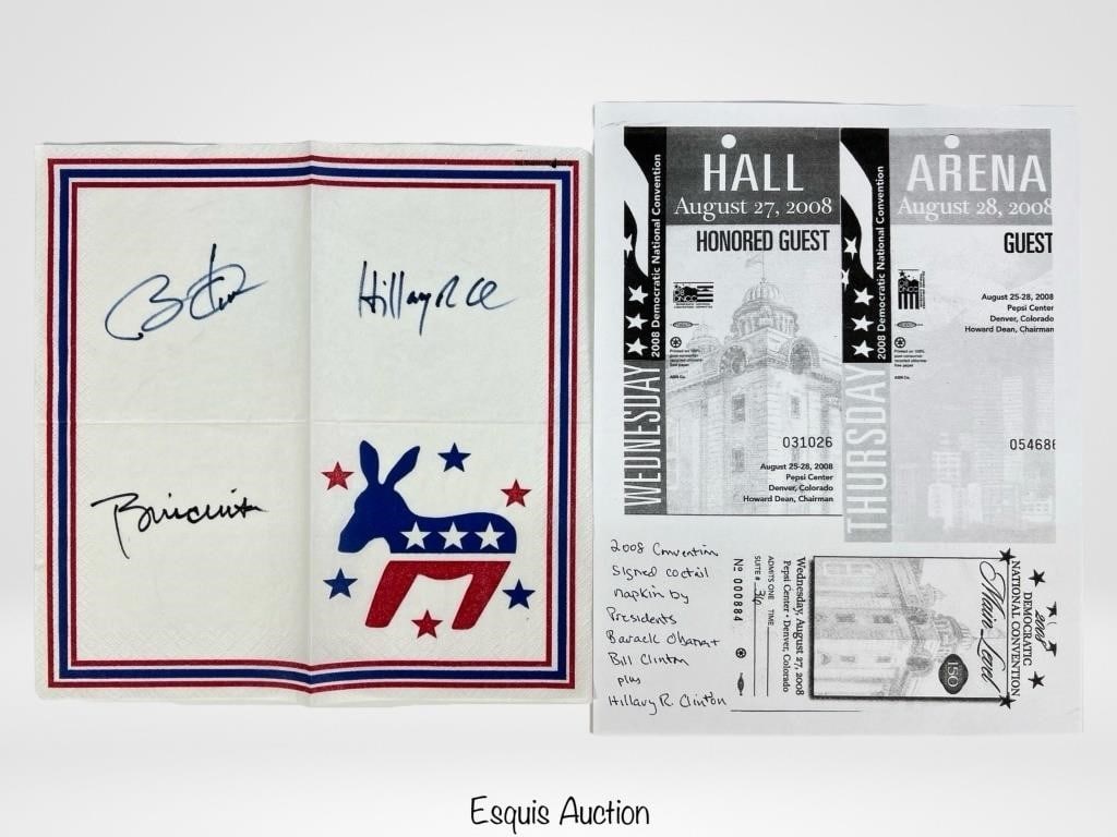 President Barack Obama & Bill Clinton Signatures: Capture a piece of political history with this unique President Barack Obama & Bill Clinton Signed 2008 Democratic Convention Cocktail Napkin. This extraordinary item commemorates the historic 2008 De