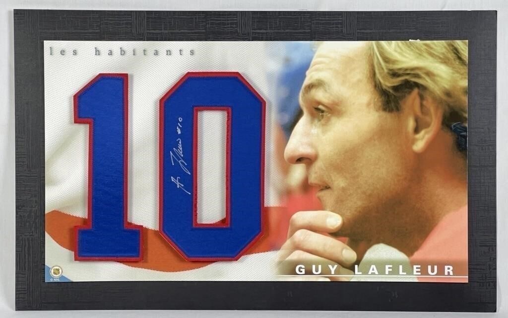 Guy Lafleur Autographed Jersey Number Collage: This impressive 32" x 20" jersey cloth number collage boasts the authentic autograph of the legendary Guy Lafleur. The collage comprises replicated numbers from Lafleur's jersey, personally signed by