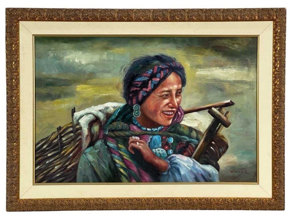The Tibetan Women Oil Painting: The Tibetan Women oil painting on canvas is a captivating portrayal of women from Tibet, exuding a unique and cultural aura. Measuring 44 inches by 32 inches when framed, this artwork carries an illeg