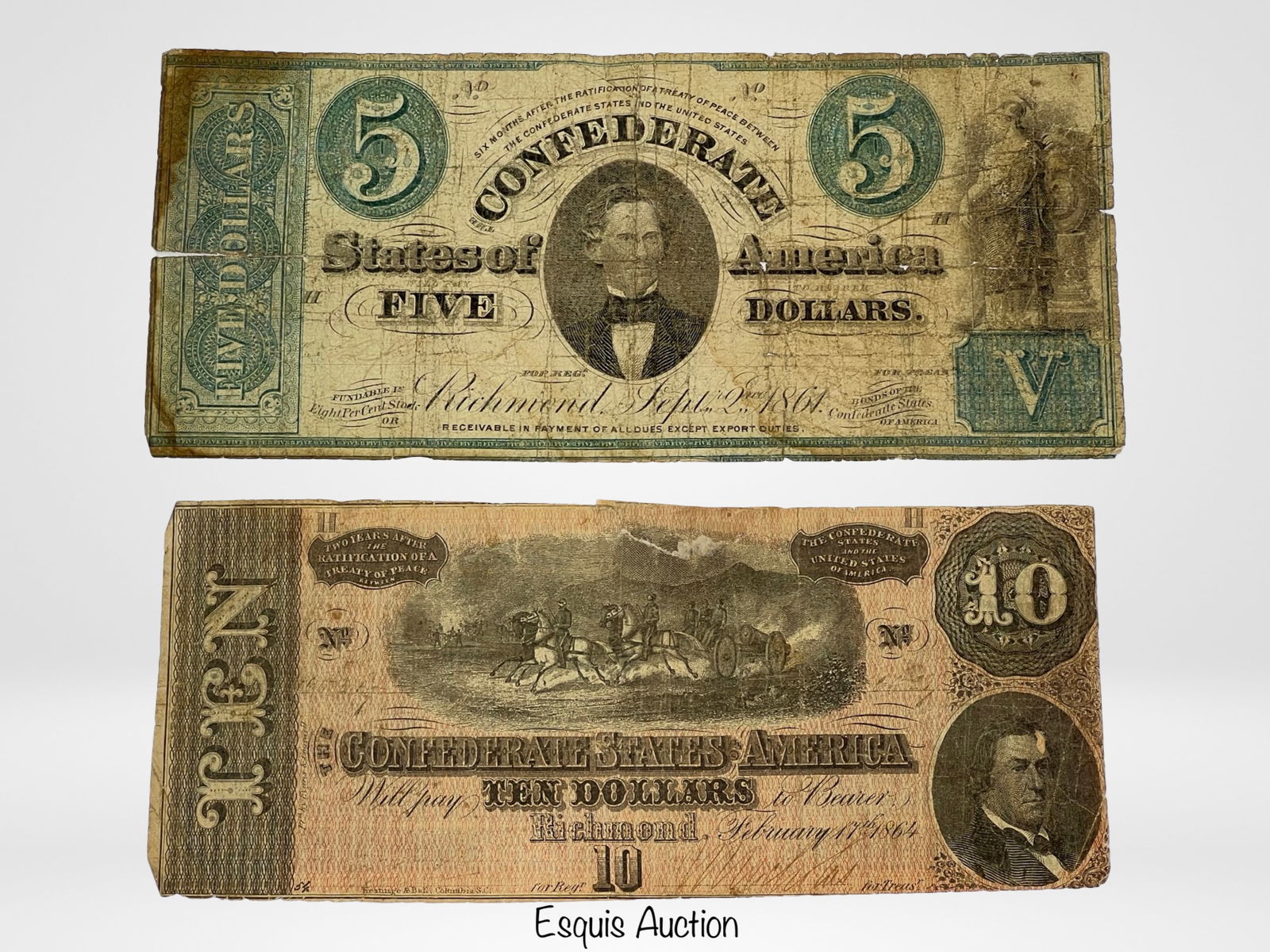 Confederate States 5 & 10 Dollars Currency Notes (1 of 2)