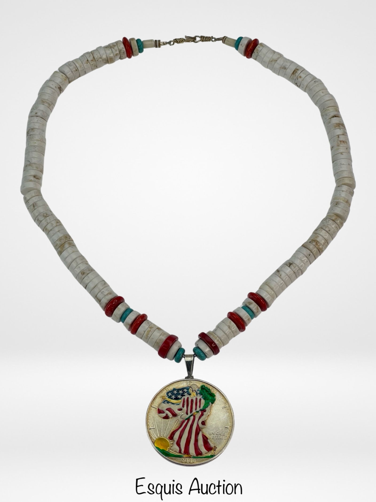 Silver Eagle Dollar Pendant on Shell Heishi Neckla (1 of 4)