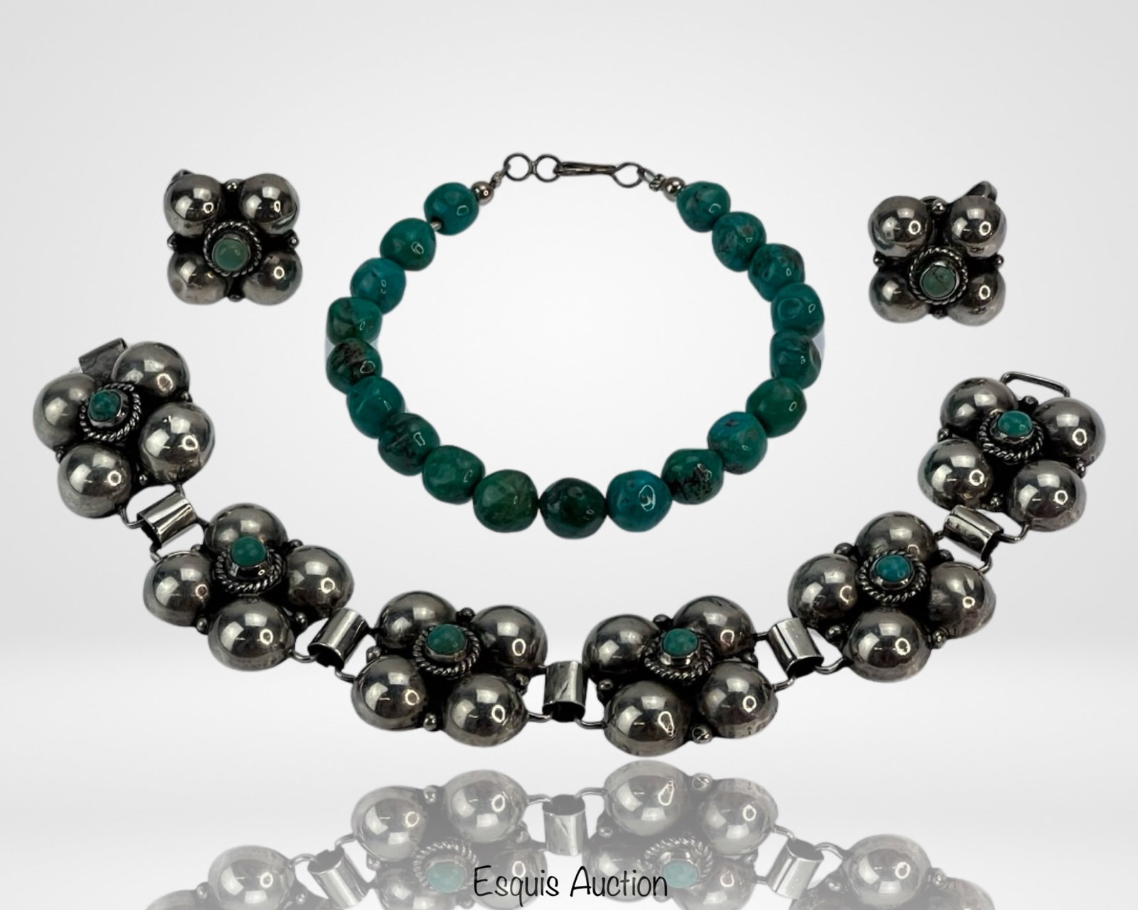 Vintage Sterling Silver Turquoise Jewelry: Vintage Sterling Silver & Turquoise Jewelry- Link Bracelet and matching earrings. Come with Turquoise Beaded Bracelet. Bracelets are 7 1/2" long