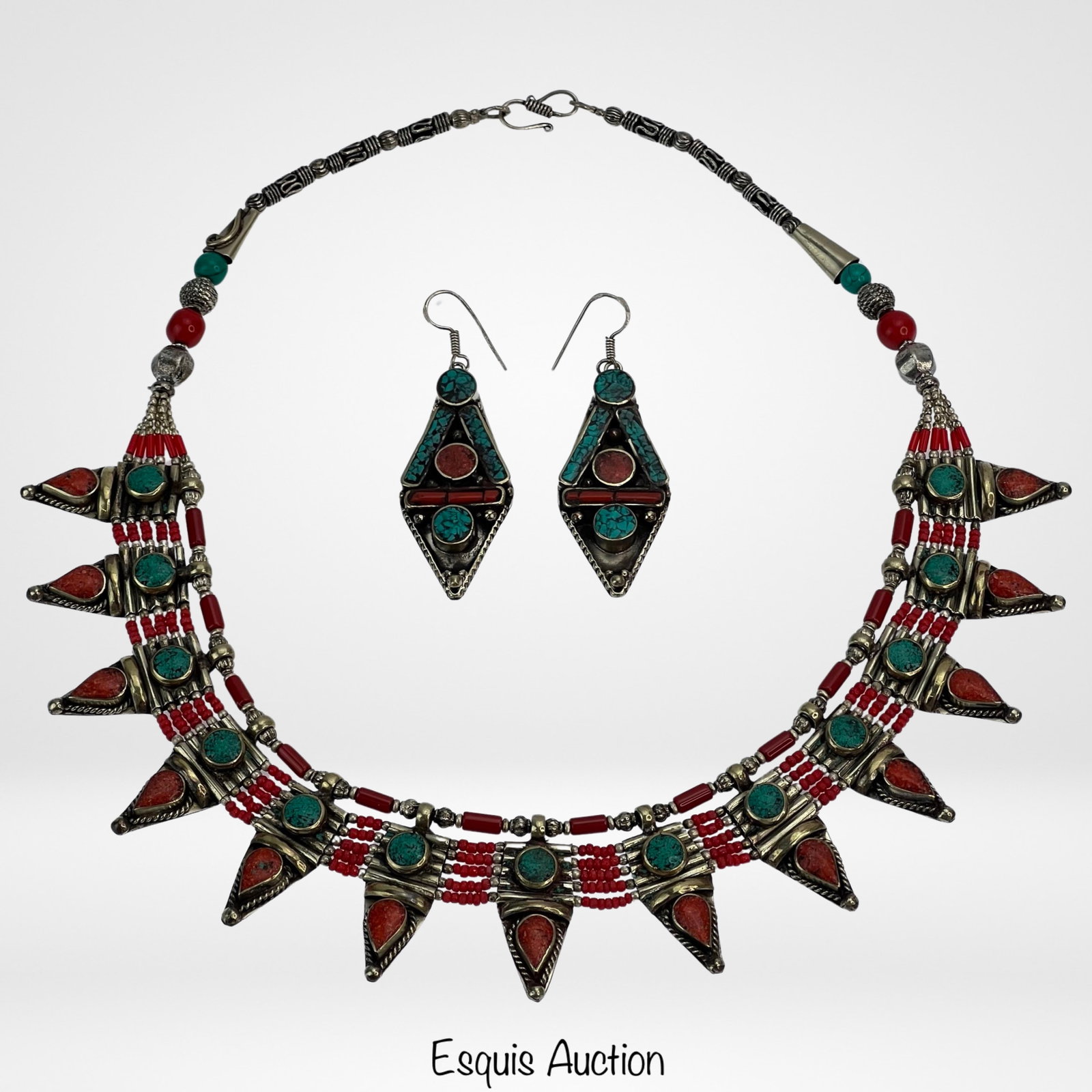 Vintage Tibetan Silver Jewelry- Coral & Turquoise: Immerse yourself in the enchanting beauty of the Himalayas with this exquisite Vintage Tibetan Silver Jewelry Set?a stunning ensemble featuring a necklace and earrings adorned with coral and turquoise