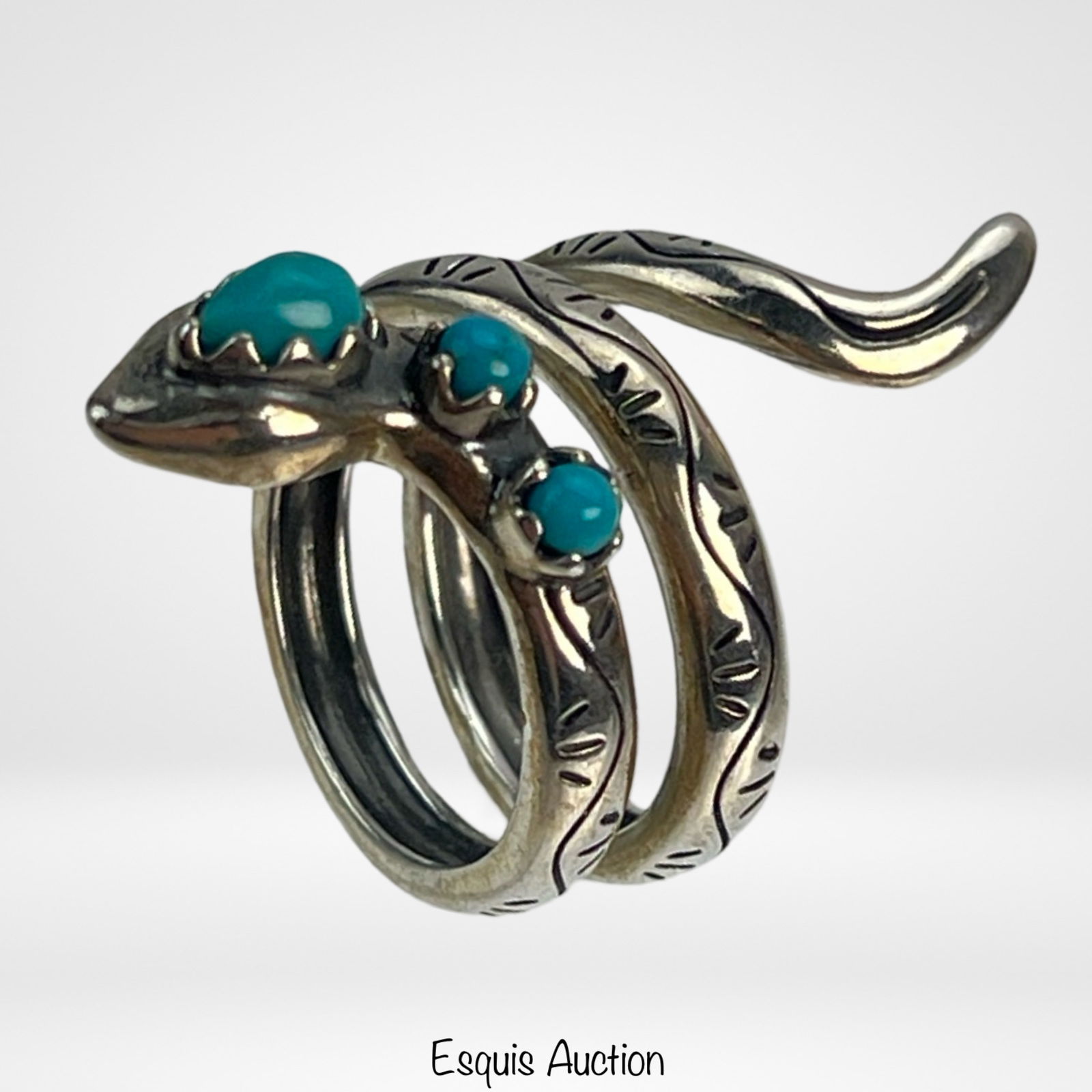 Navajo Sterling Silver & Truquoise Snake Wrap Ring (1 of 5)