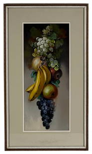 Still Life with Fruits- early 20th C Oil Painting: Transport yourself to a bygone era with this exquisite still life painting reminiscent of the works of Michelangelo Meucci. Unsigned. Created in the early 20th century, this captivating oil on board p