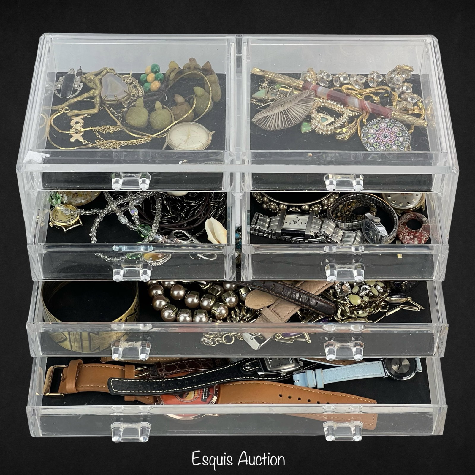 Acrylic Jewelry Box with Jewelry & Watches: Discover hidden treasures with this acrylic jewelry box filled with unsearched jewelry and watches, offering a tantalizing opportunity to uncover rare finds and timeless pieces. Unsearched, some might