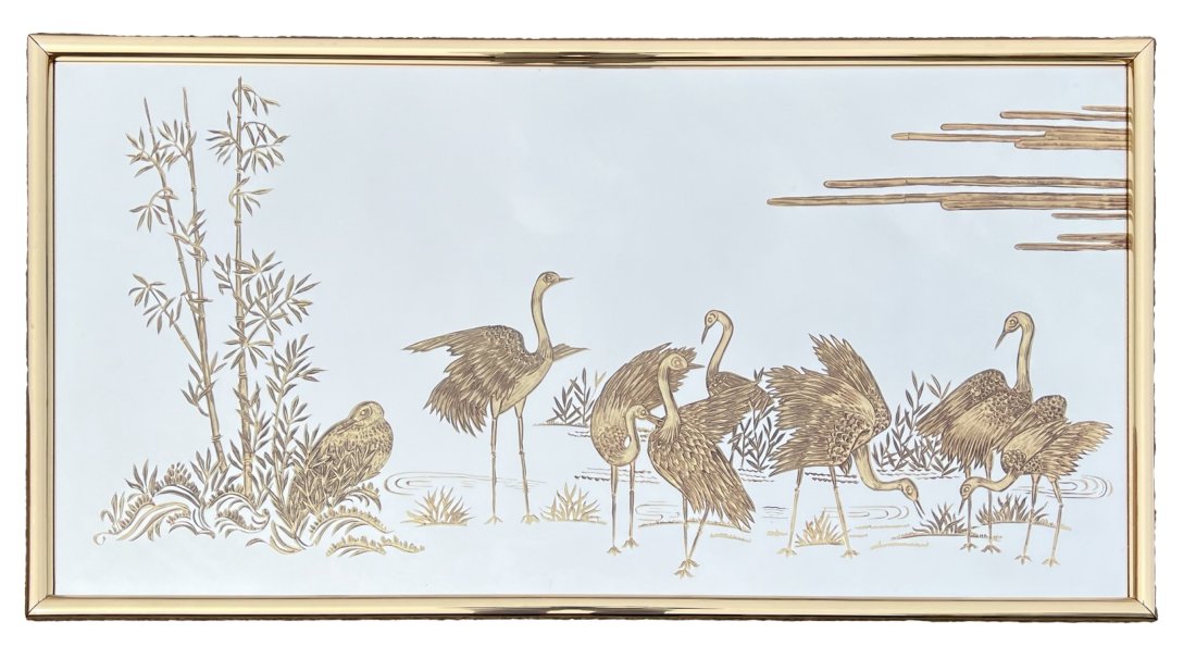 Hollywood Regency Wall Mirror w Etched Gold Cranes (1 of 3)