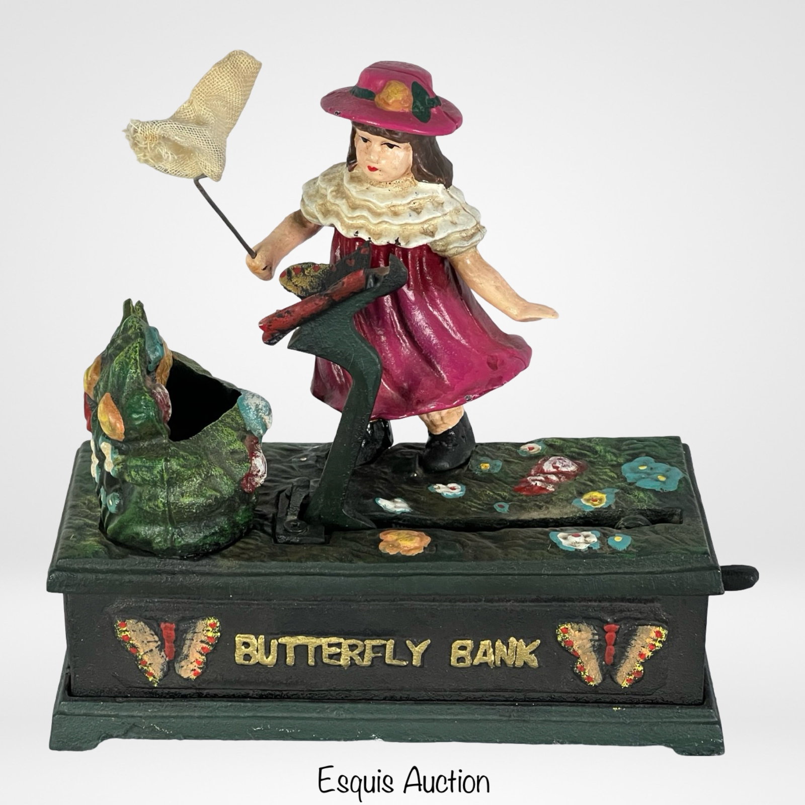 Cast Iron Mechanical "Butterfly" Bank: Novelty Cast Iron Mechanical Bank- Girl with Butterfly. 8 1/2" x 3 1/2" x 8". Working condition.