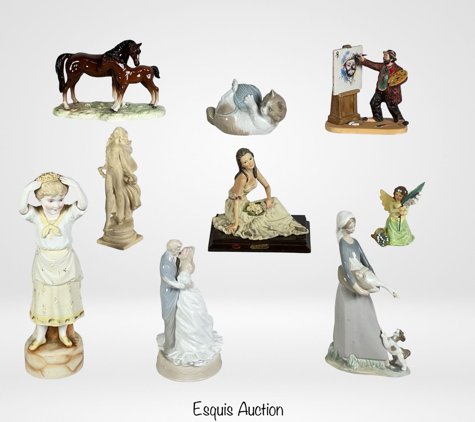 Assortment of Figurines: Assortment of Figurines including Lladro, A. Balcari, Andrea by Saddek, Emmett Kelly. German Bisque Figurine. Tallest is 14" tall. Both lladro pieces have repairs
