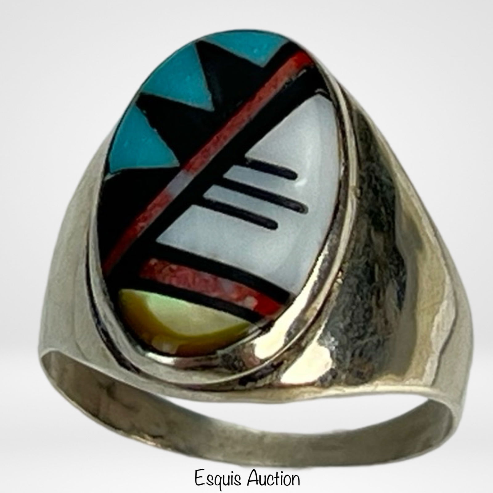 Zuni Turquoise Inlay Sterling Silver Men's Ring (1 of 4)