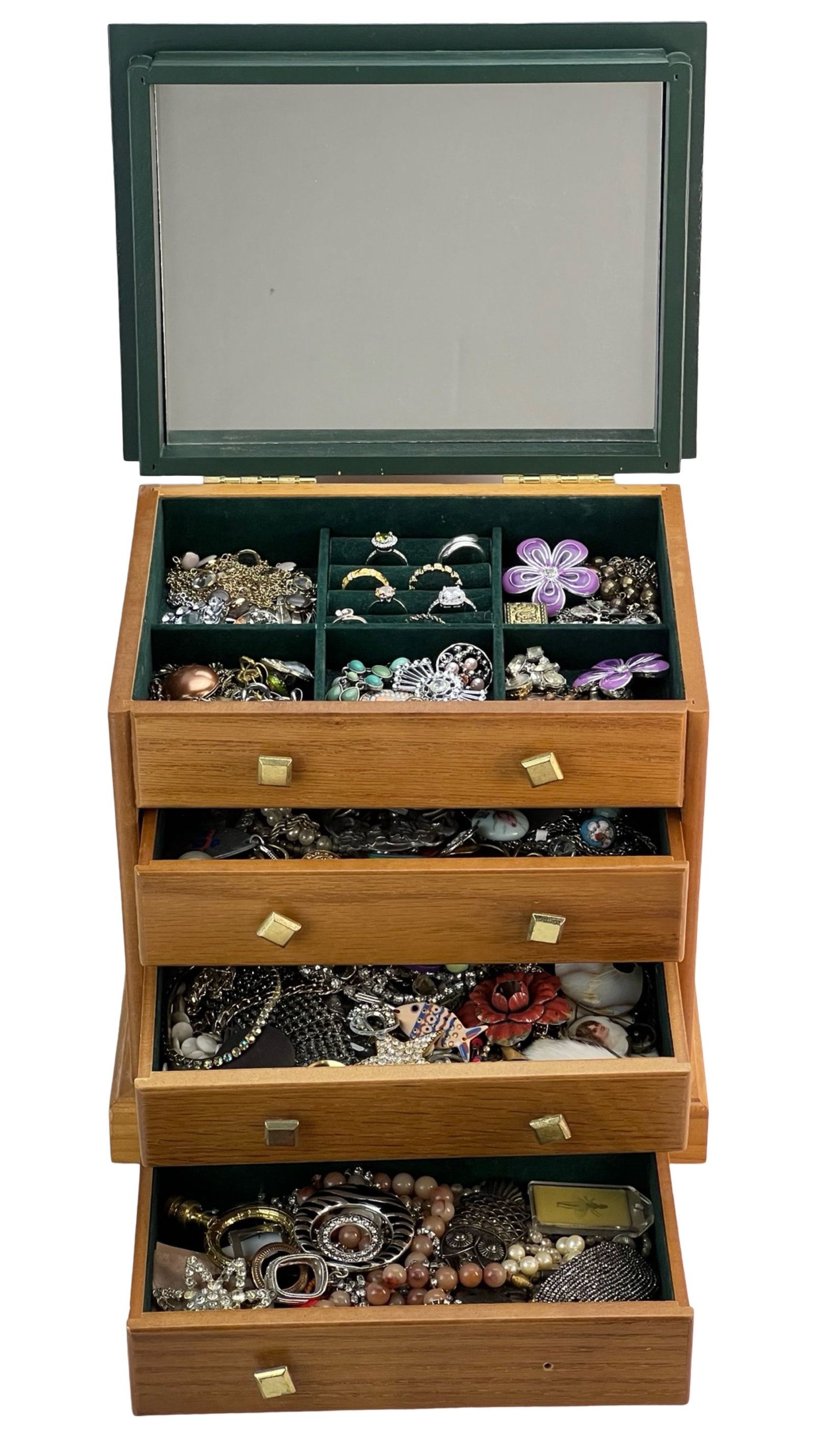 Large Jewelry Box Full of Unsearched Vintage Jewel: Discover a treasure trove within a large jewelry box brimming with unsearched vintage jewelry. Each piece holds the allure of bygone eras, featuring an assortment of necklaces, bracelets, rings, and e
