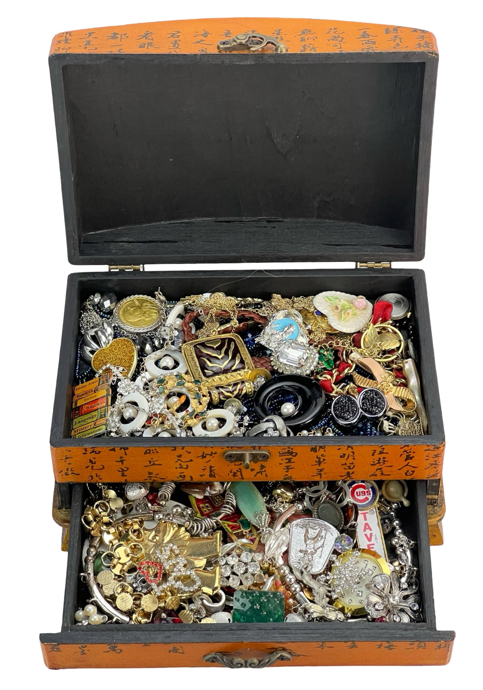 Vintage Jewelry Box full of Jewelry: Embark on a delightful journey through time and style with this vintage jewelry box filled to the brim with unsearched treasures. Each piece holds the promise of discovery, offering a glimpse into the