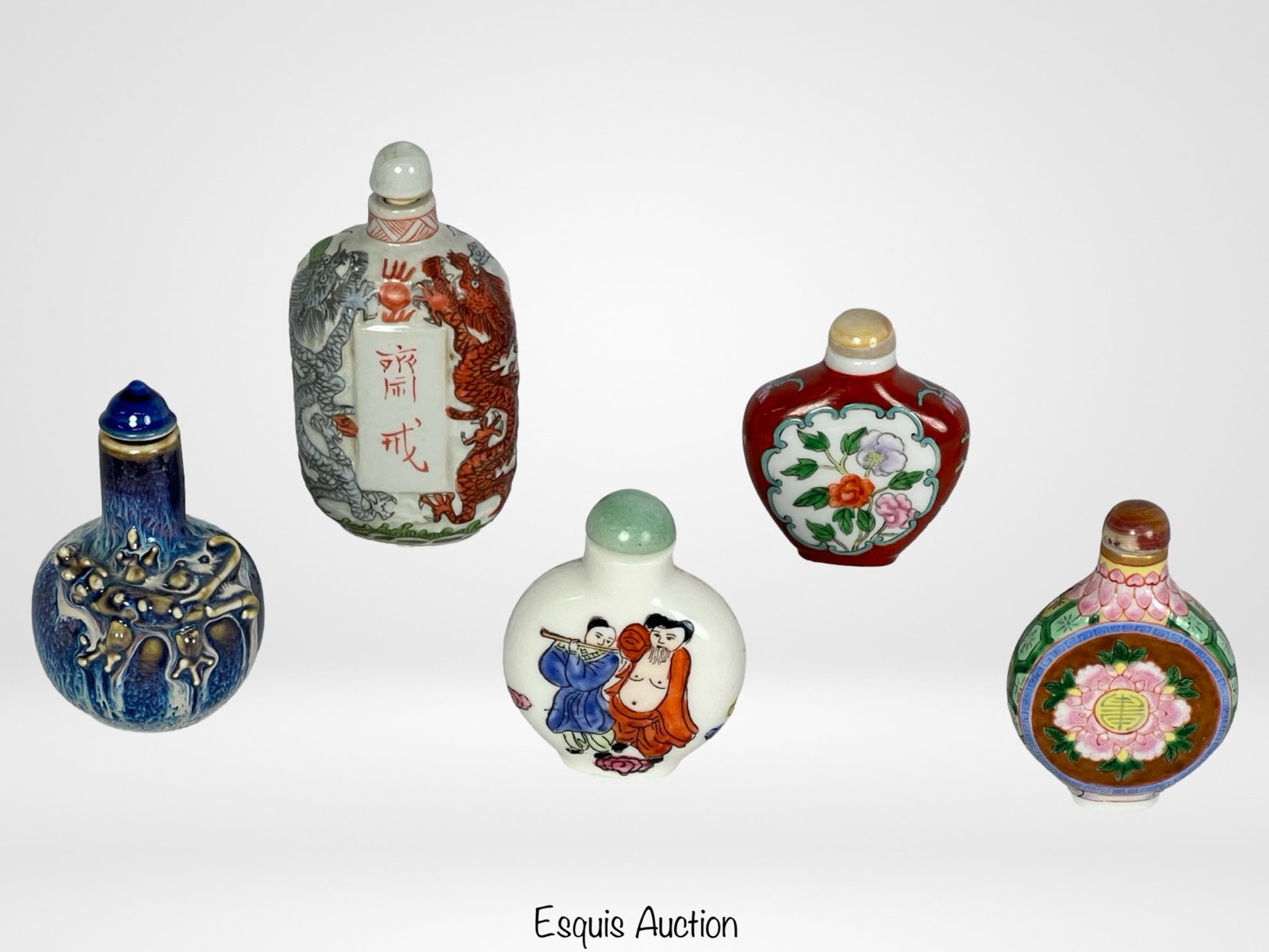 Vintage Asian Chinese Snuff Bottles: A captivating collection of vintage Chinese snuff bottles awaits discerning collectors in this exquisite offering. Comprising five meticulously crafted bottles, this ensemble showcases the rich divers
