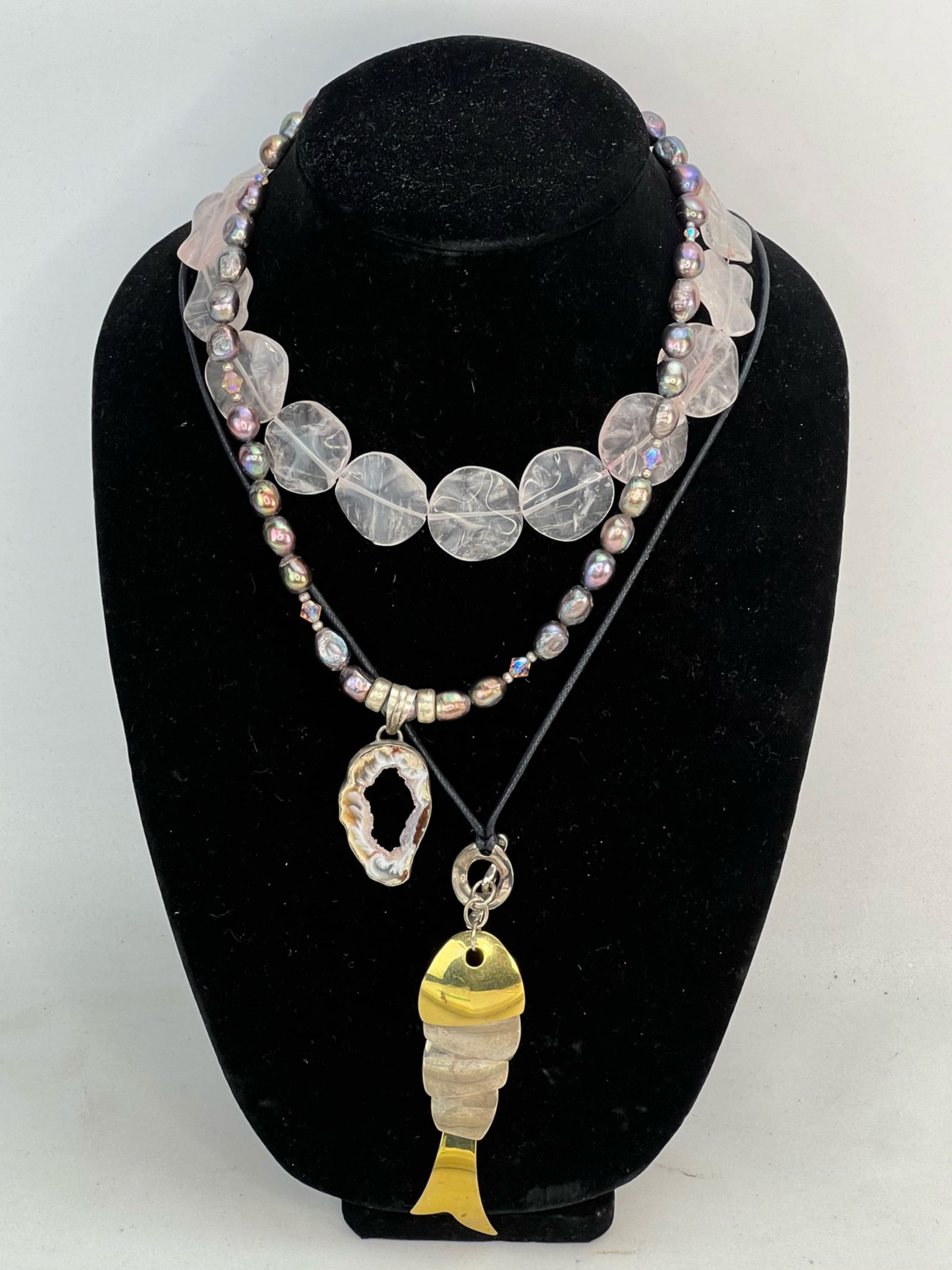 Sterling Silver, Natural Stones & Pearls Necklaces: Sterling Silver, Natural Stones & Pearls Necklaces including Robert Lee Morris Necklace with Sterling/ Brass Fish Pendant. 16"-24" long
