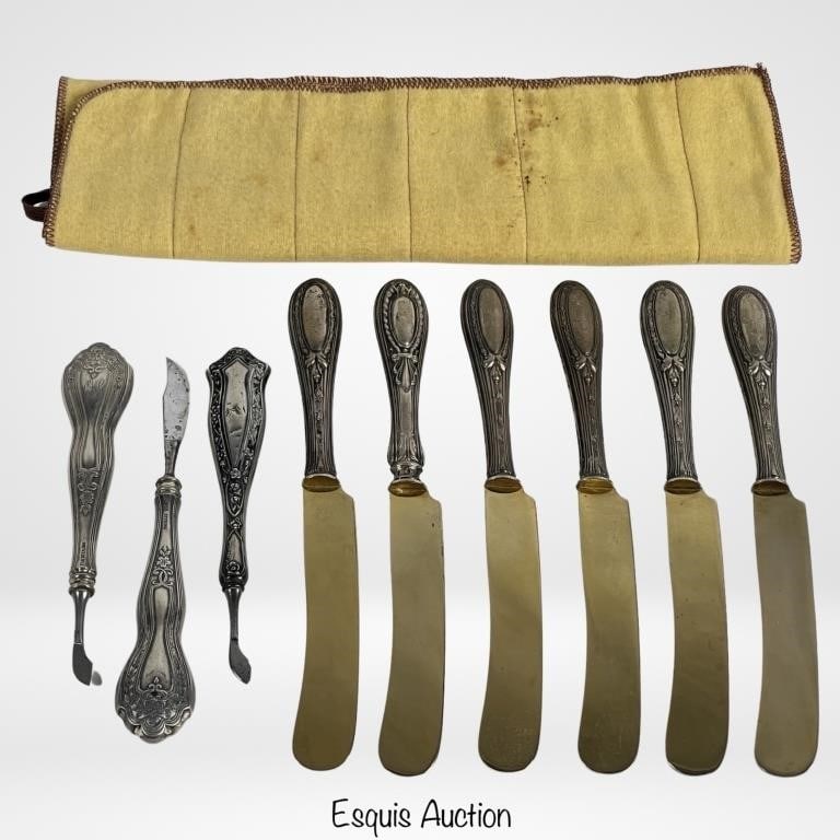 Antique Sterling Silver Knives & Nail Tools: Set of 6 F&B Knives and Set of Antique Nail Tools. All with Sterling Handles.
