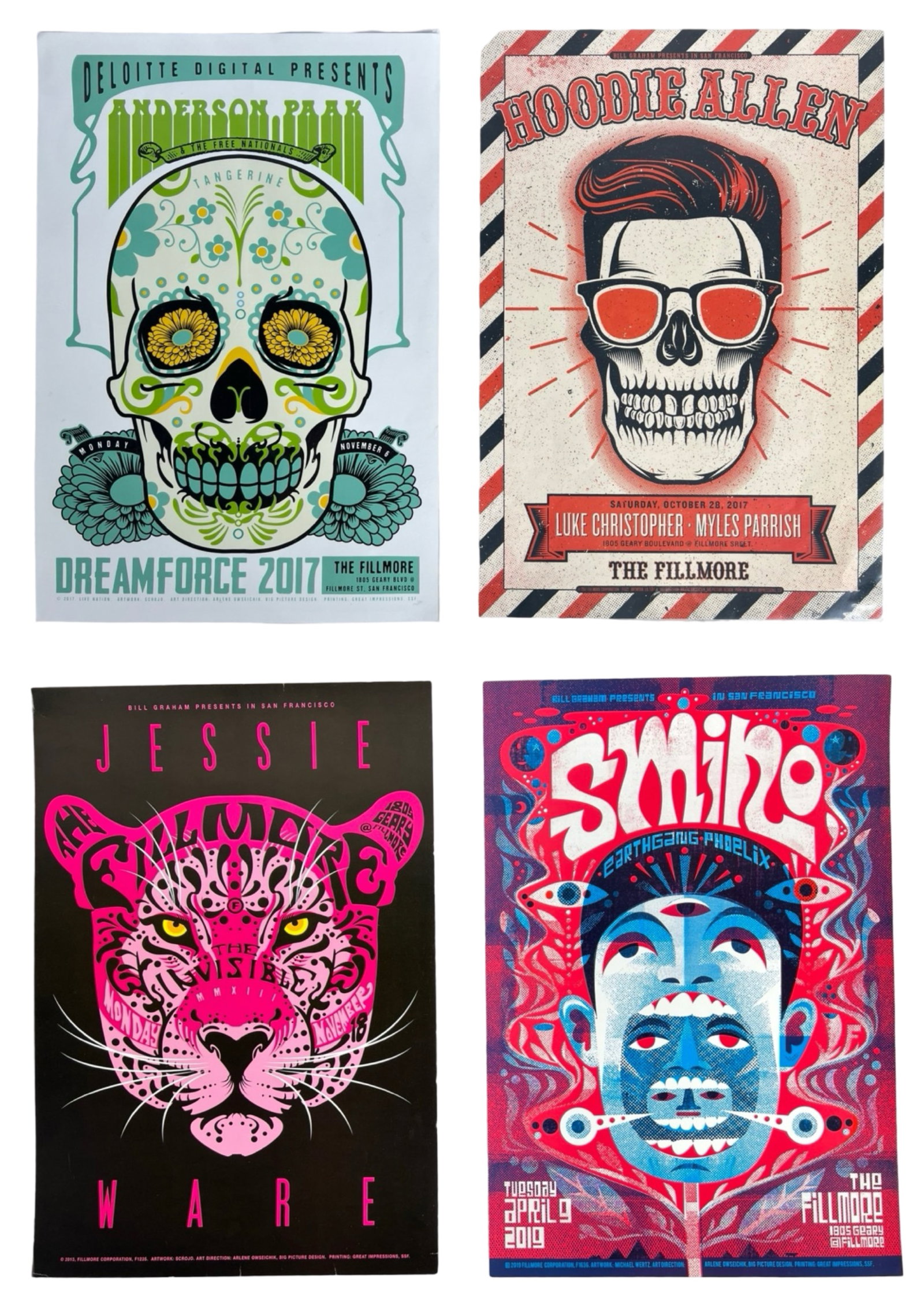 4 Fillmore Music Concert Posters: Group of Four Fillmore Concert Posters including Hoodie Allen, Jessie Ware, Smino and Anderson Park. 19" x 13". Unframed, all in good condition.