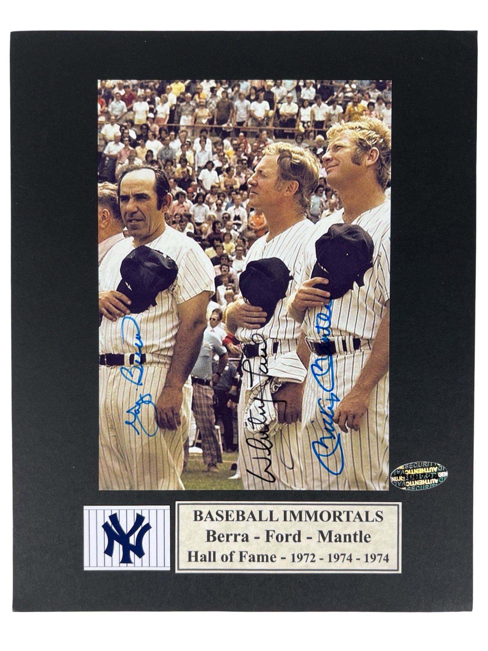 Baseball Immortals Signed Photo- Mantle, Berra, Fo: Celebrate the golden era of baseball with this extraordinary triple-signed photograph featuring three legends of the game: Yogi Berra, Whitey Ford, and Mickey Mantle. Yogi Berra's wit, Whitey Ford's p