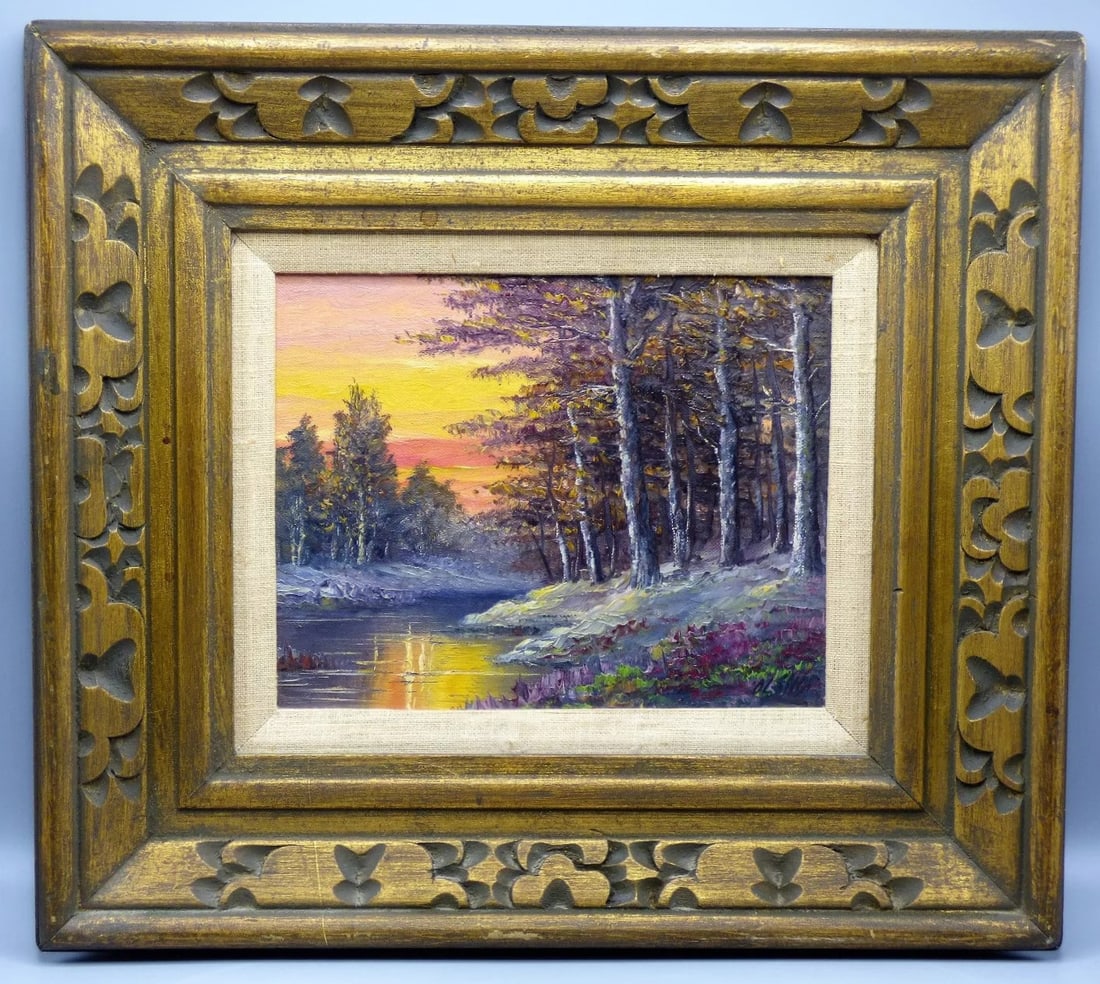 Olshof Stoltz Sundown Landscape Oil Painting: This enchanting artwork, by Olhof Stoltz, captures the serene beauty of a sundown landscape featuring a forest by the river. Painted in oil on canvas, this piece is signed in the lower right corner. T
