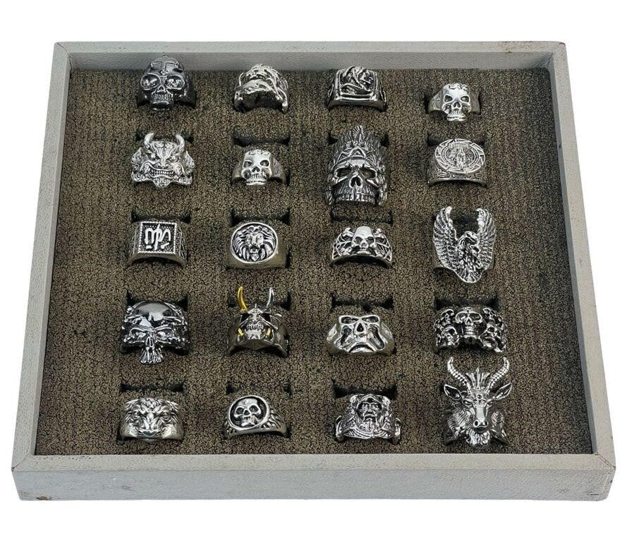 Men's Biker/ Rocker Rings with Skulls & Mythical: Unleash your inner rebel with this captivating collection of 20 Men's Biker/Rocker Rings, each exuding boldness and individuality with figural designs featuring skulls and fantastic creatures. Crafted