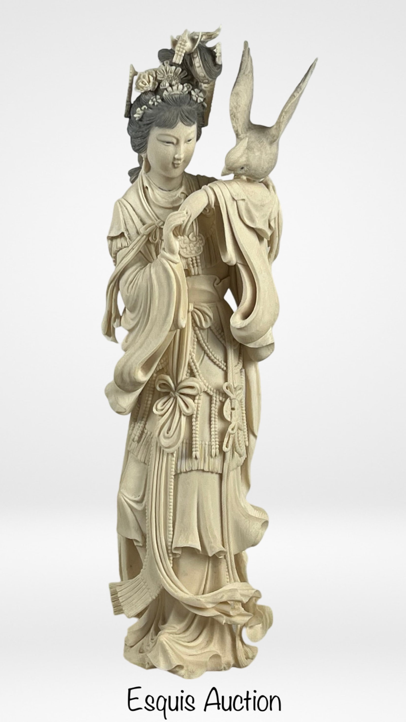 Asian Chinese Carved Bone Lady w/ Bird Figurine: Asian Chinese Carved Bone Lady with Bird Figurine. 15" tall. Good overall condition.