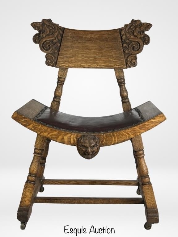 Antique Renaissance Revival Oak Carved Chair (1 of 3)