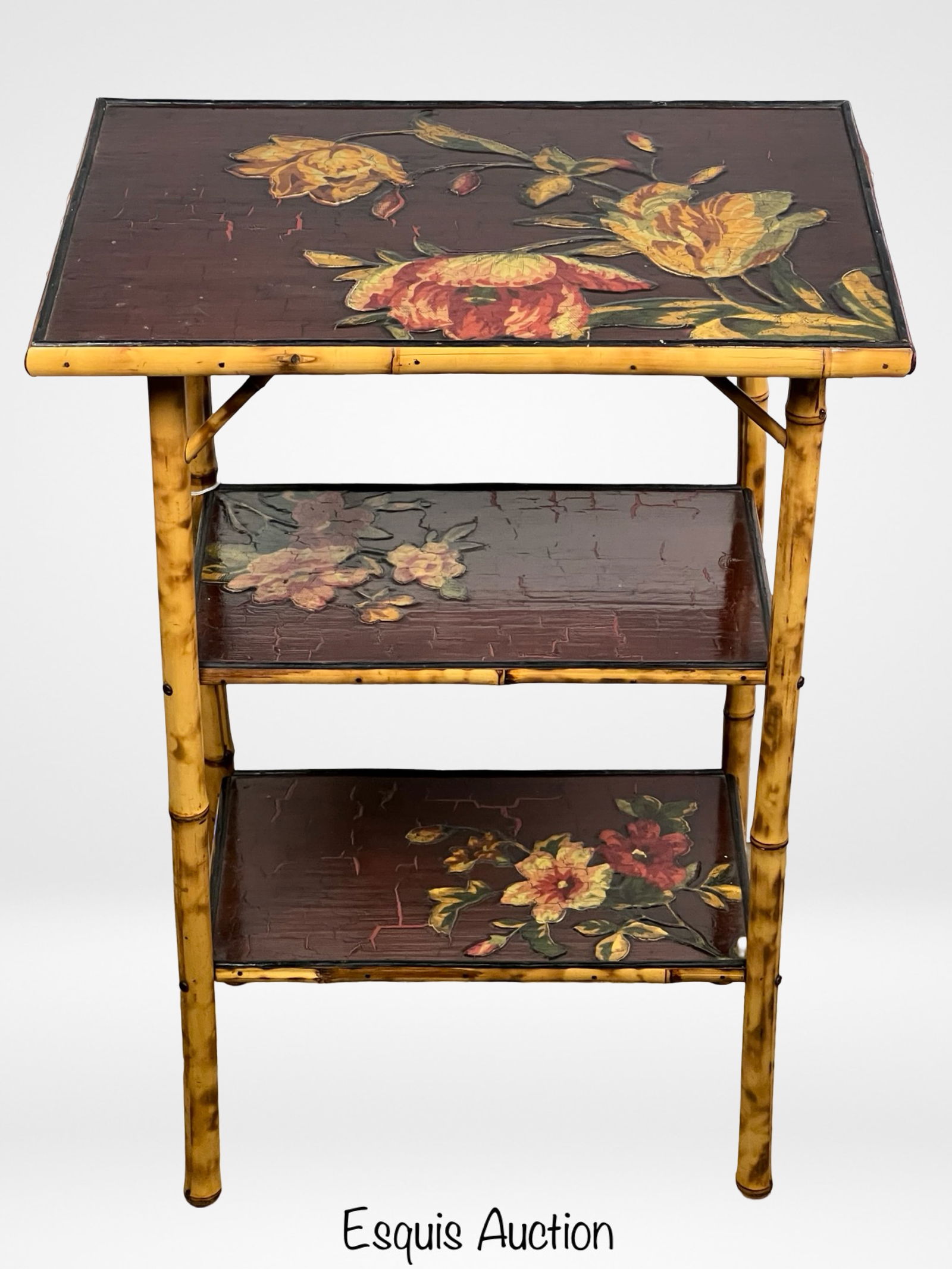 Vintage 3-Tier Bamboo & Decoupage Side Table (1 of 4)
