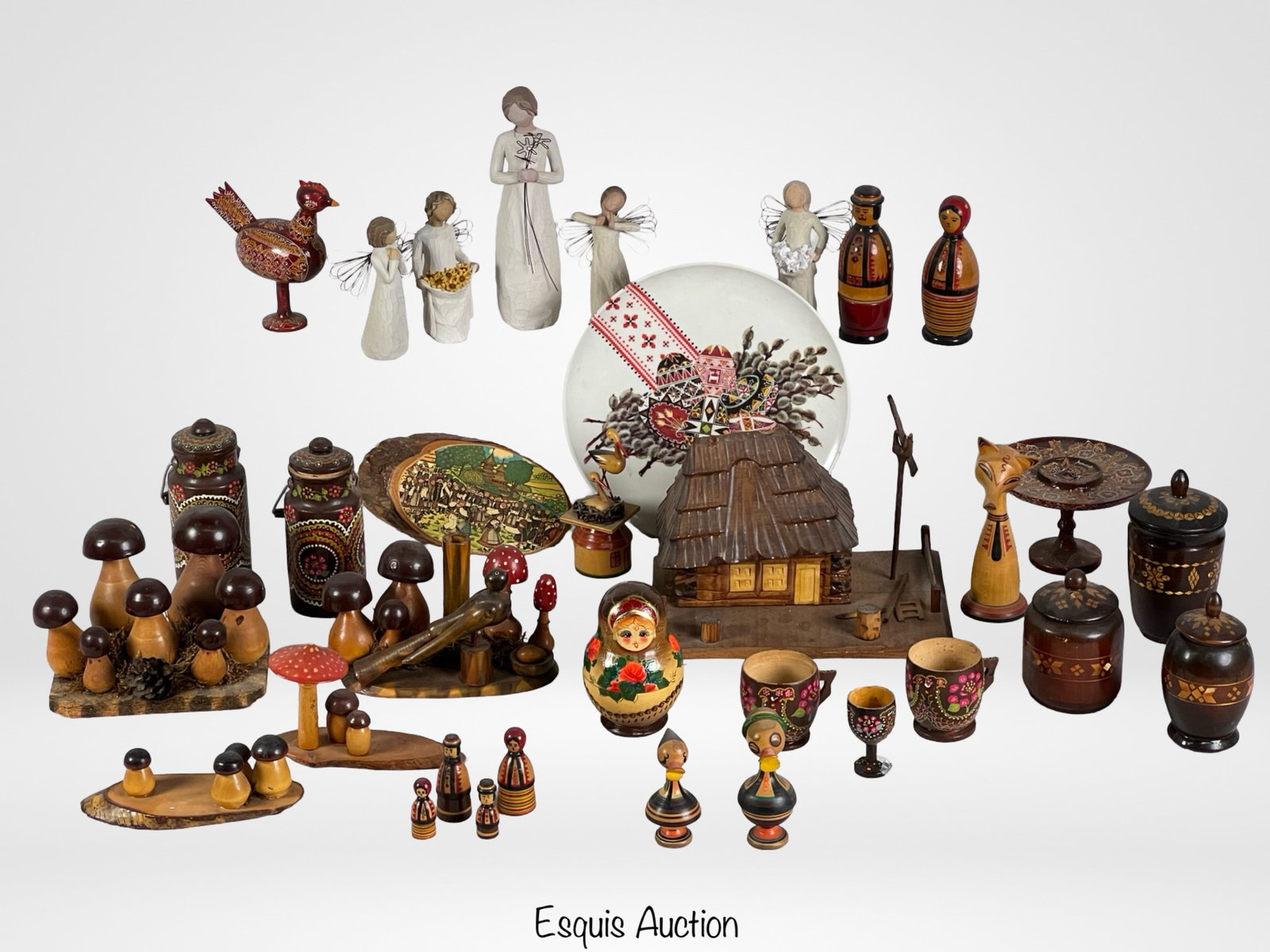 Group of European Folk Art Wood Carved Figurines: Group of mostly European Folk Art Wood Carved Figurines- Ukrainian, Russian, Polish, etc...Tallest is 9 1/2".