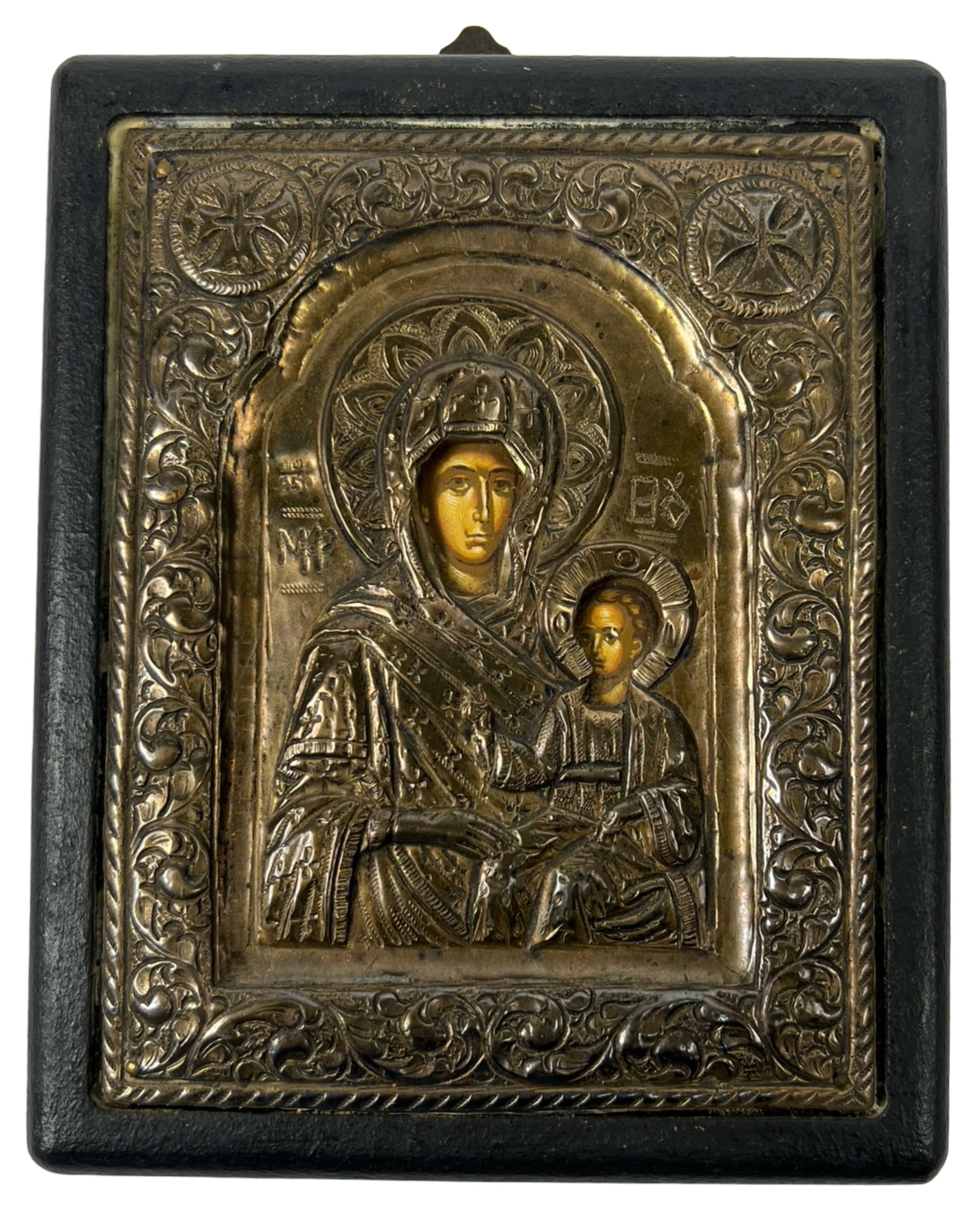 Greek Byzantine Art 950 Silver Icon- Mary & Jesus: Orthodox Christian Church Byzantine Icon of Mary with Baby Jesus. .950 Silver. 6" x 5". Good Condition.