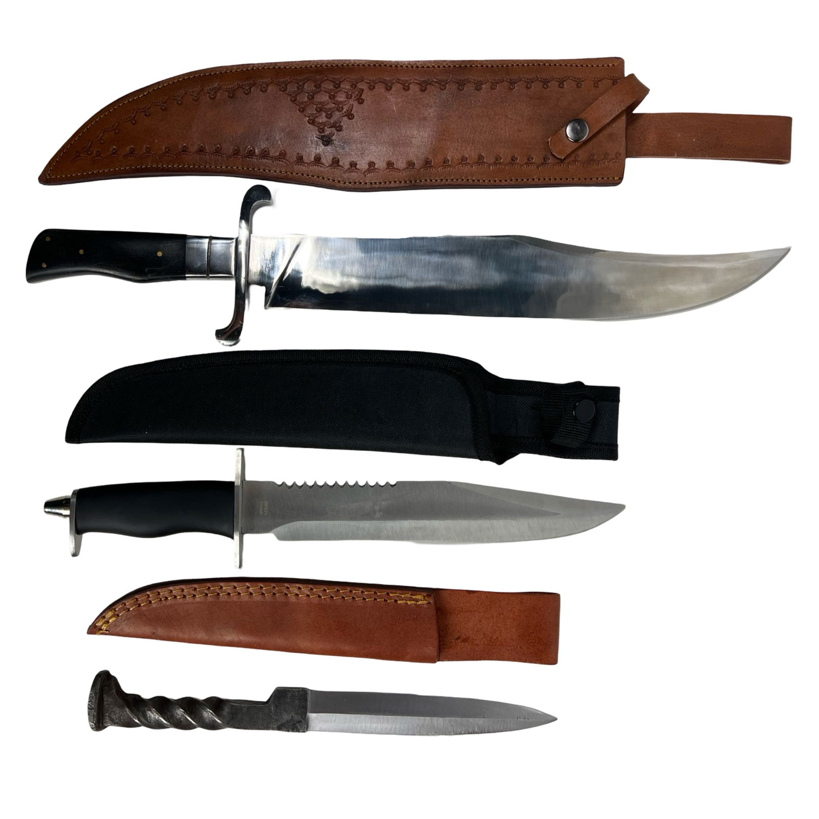 Bowie Knives & Railroad Spike Knife: Bowie Knives & Railroad Spike Knife. Largest is 19 1/2" long with 14" blade. Mint/ near mint condition.