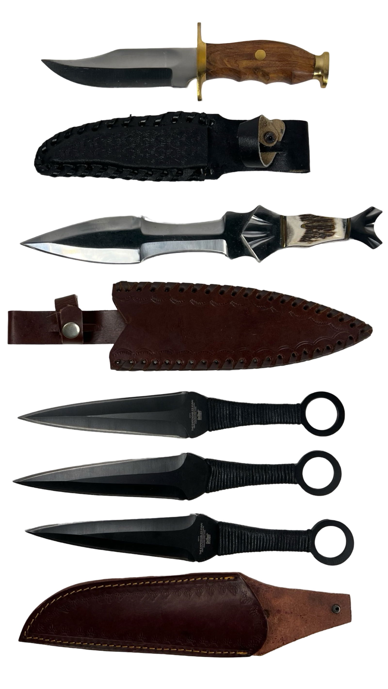 The Expendables Kunai Knives & Hunter Knives: Set of 3 "The Expendables Kunai Throwing Knives, Boot Knife and Hunter Knife. Largest is 12 3/4" with 9 1/2" blade. Mint/ near mint condition.