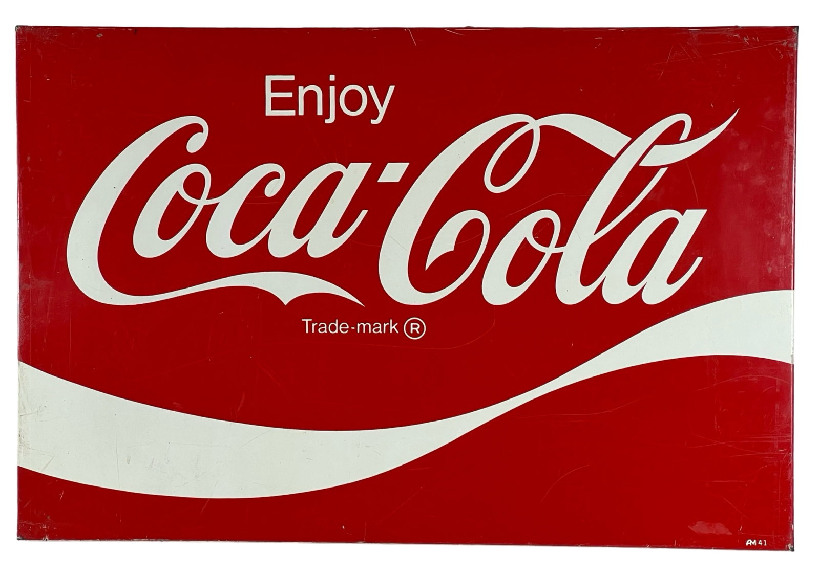 Vintage Coca-Cola Soda Advertising Metal Sign 36": Vintage Coca-Cola Soda Advertising Metal Sign. Marked AM 41 lower right corner. 36" x 24" x 1 1/2".