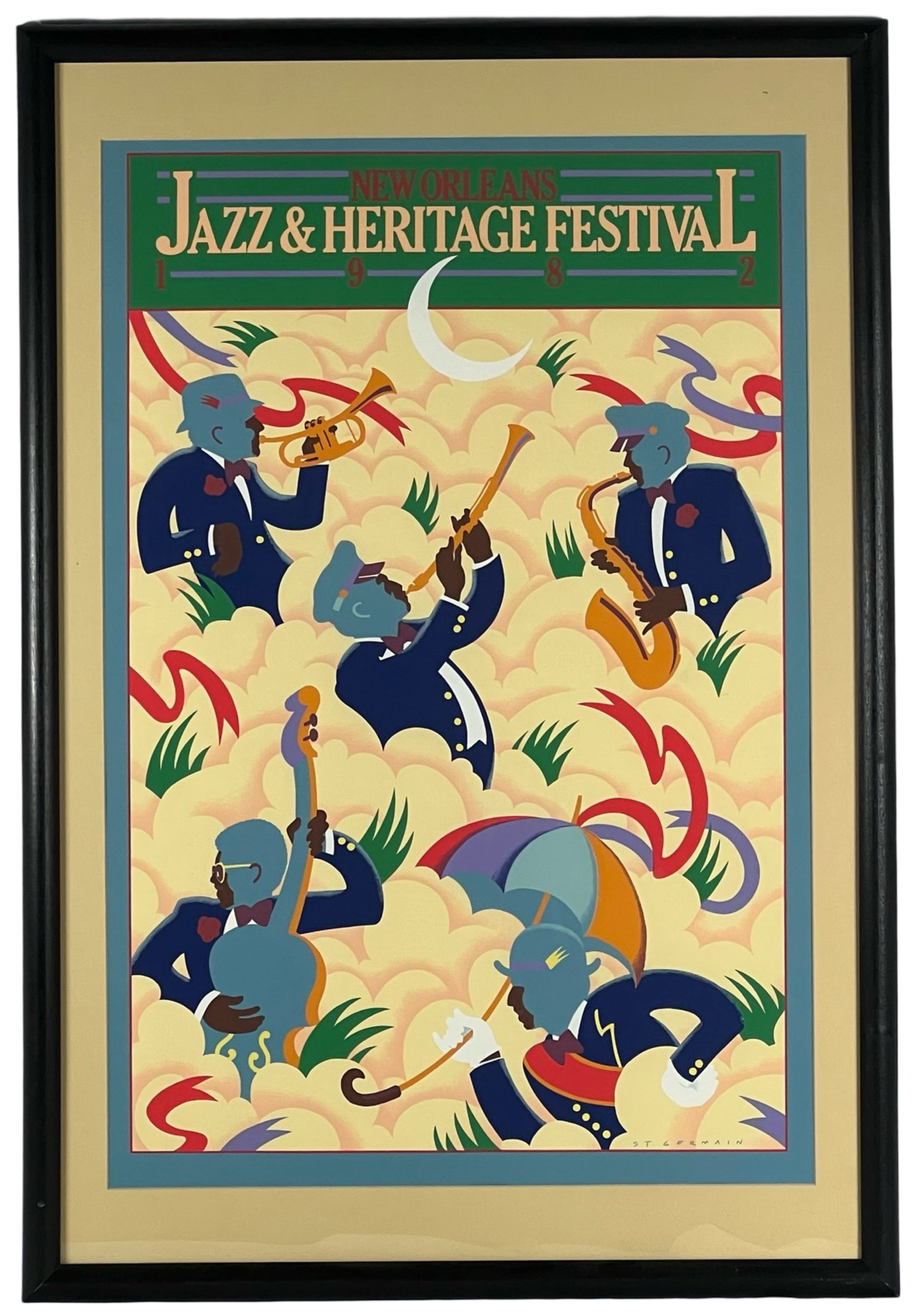 1982 New Orleans Jazz & Heritage Festival Poster: This vibrant and iconic poster from the 1982 New Orleans Jazz & Heritage Festival was created by artist Stephen St. Germaine. Measuring 38" x 26" and beautifully framed, the poster captures the lively
