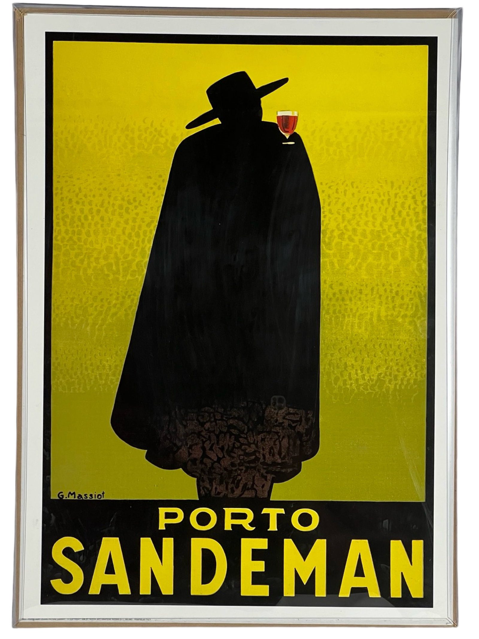 Porto Sandeman Advertising Poster: Porto Sandeman poster features the iconic silhouette of the Sandeman Don, a cloaked figure holding a glass of port wine, set against a vibrant yellow background. The original design, created by George