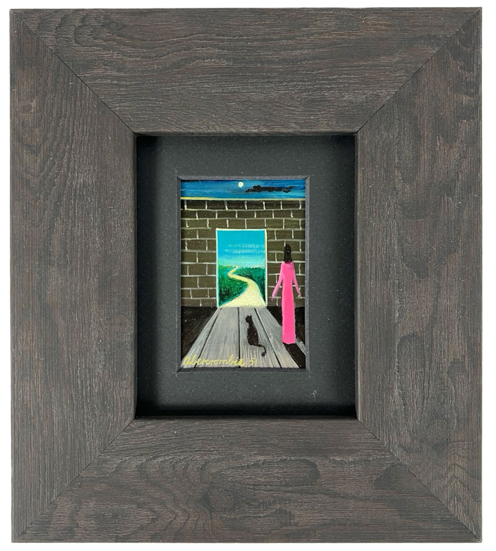 Gertrude Abercrombie Surrealist Oil Painting: This captivating oil painting on masonite board, titled "Entrance," is a work by renowned surrealist artist Gertrude Abercrombie. Measuring 8 1/2" x 7 1/2" and recently reframed, the painting features