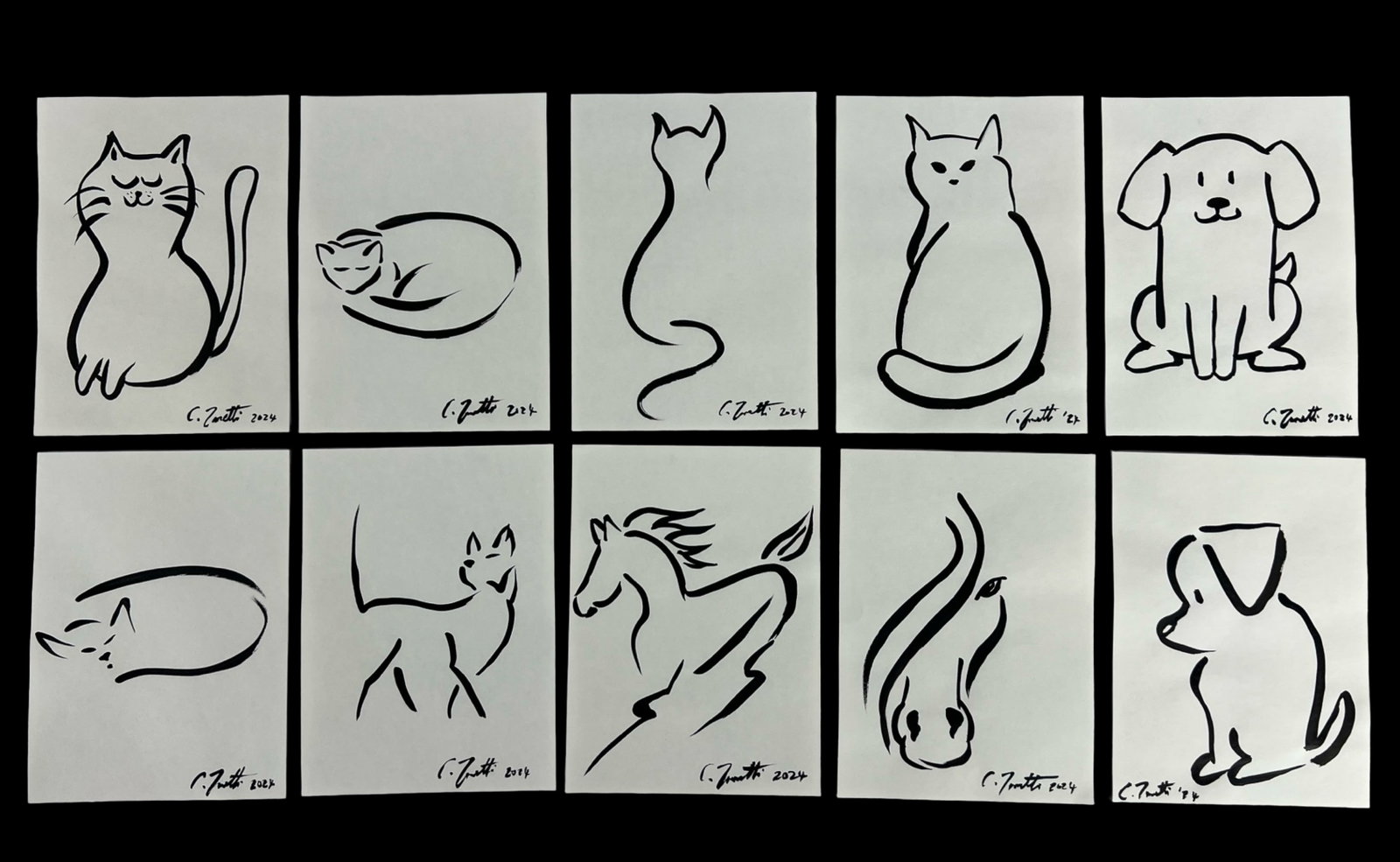 Chris Zanetti- 10 Animal Ink Sketches: This lot features a charming collection of 10 ink sketches by contemporary artist Chris Zanetti. Each sketch depicts a different animal, rendered in Zanetti's distinctive minimalist style. The animals
