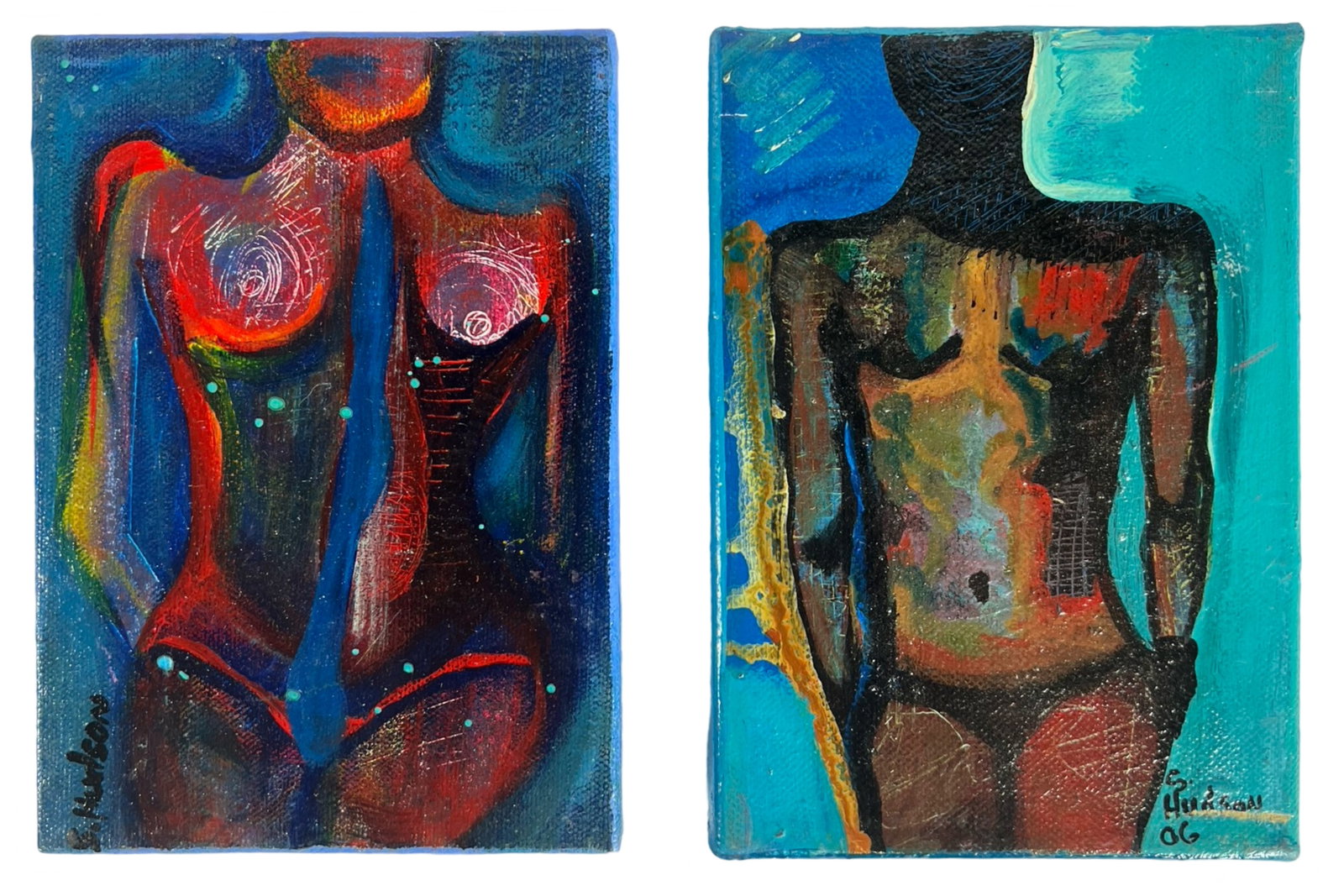 Steve Hudson- Contemporary Nude Lady Oil Paintings: This lot features two striking oil paintings on canvas by Steve Hudson, showcasing his unique interpretation of the human form. Each painting measures 7" x 5" and depicts a stylized nude figure, rende