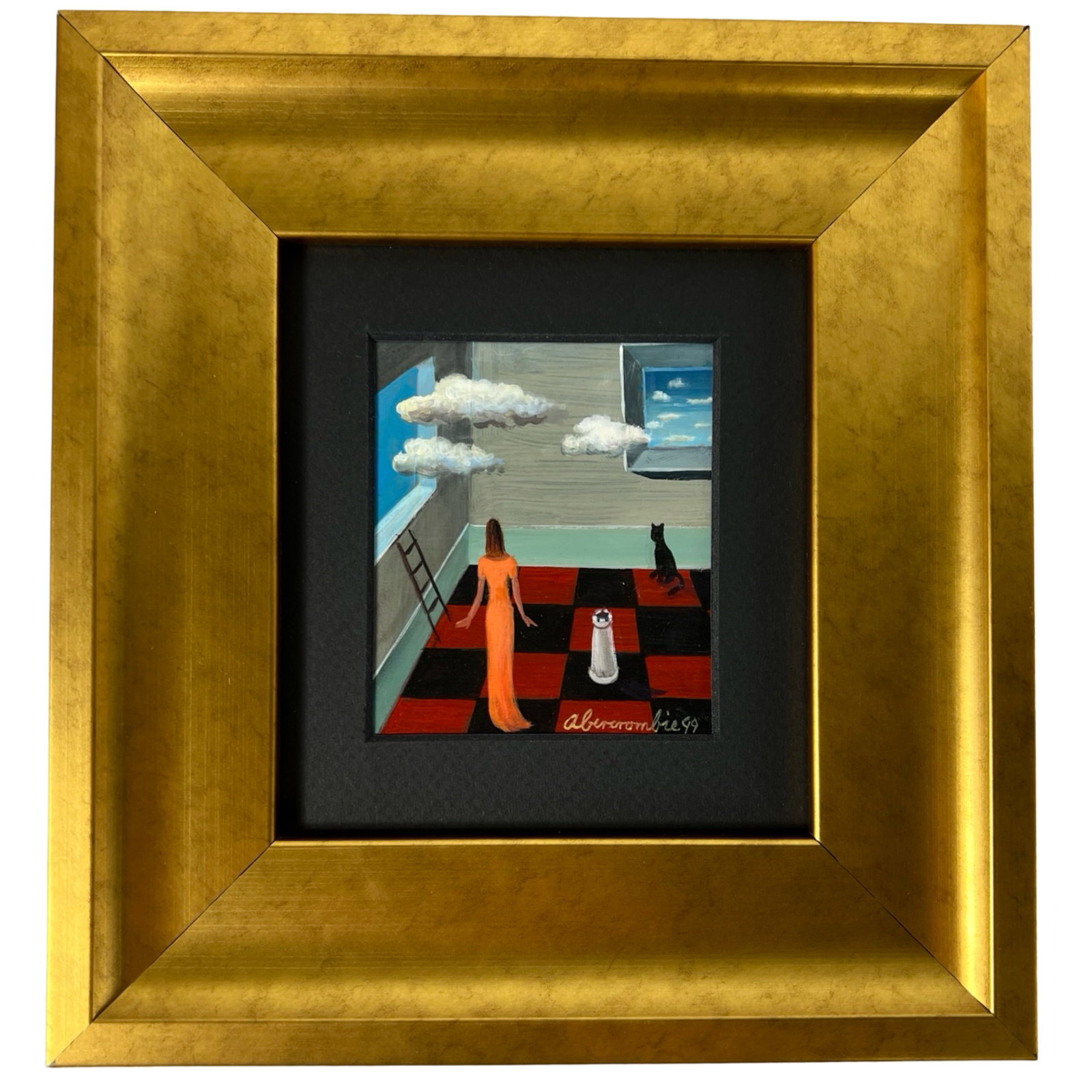 Gertrude Abercrombie Surrealist Oil Painting: This captivating surrealist painting by Gertrude Abercrombie showcases her distinctive style characterized by dreamlike scenes and symbolic elements. The composition features a woman in an orange dres