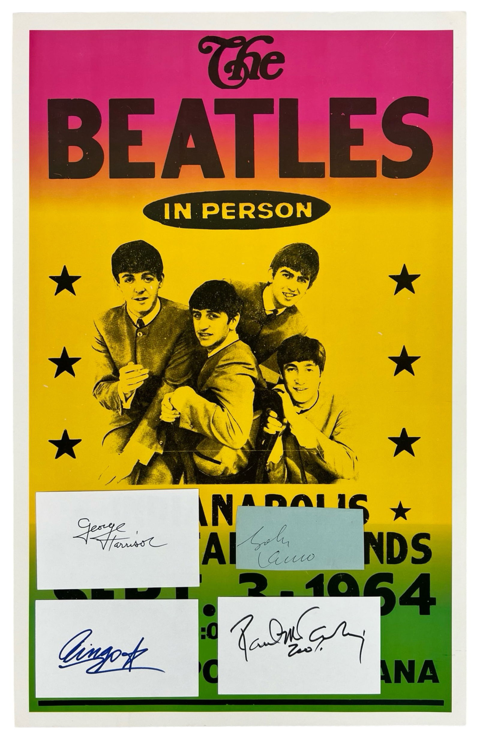 The Beatles- Set of All Four Autographs w/ Poster: Step into music history with this unparalleled Beatles collection, featuring a set of all four Beatles autographs, including John Lennon, George Harrison, Paul McCartney, and Ringo Starr, accompanied