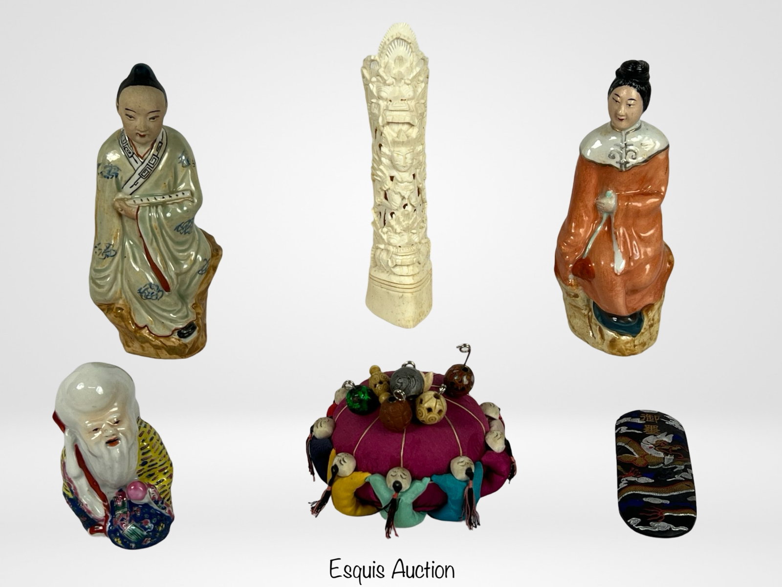 Vintage Asian/ Chinese Collectibles: Vintage Asian/ Chinese/ Japanese Collectibles including Indonesian Bone Carved Totem Vase, Pair of Male & Female Vintage Chinese Export Figurines, early 20th Century Chinese Wise Man Figurine, Chinese