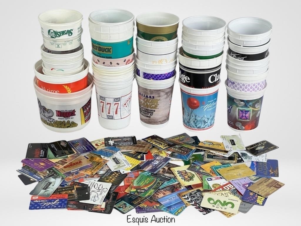 Vintage Casino Coin Buckets & Player Cards: Collection of Vintage Coin Buckets and Player Cards from different Casinos.