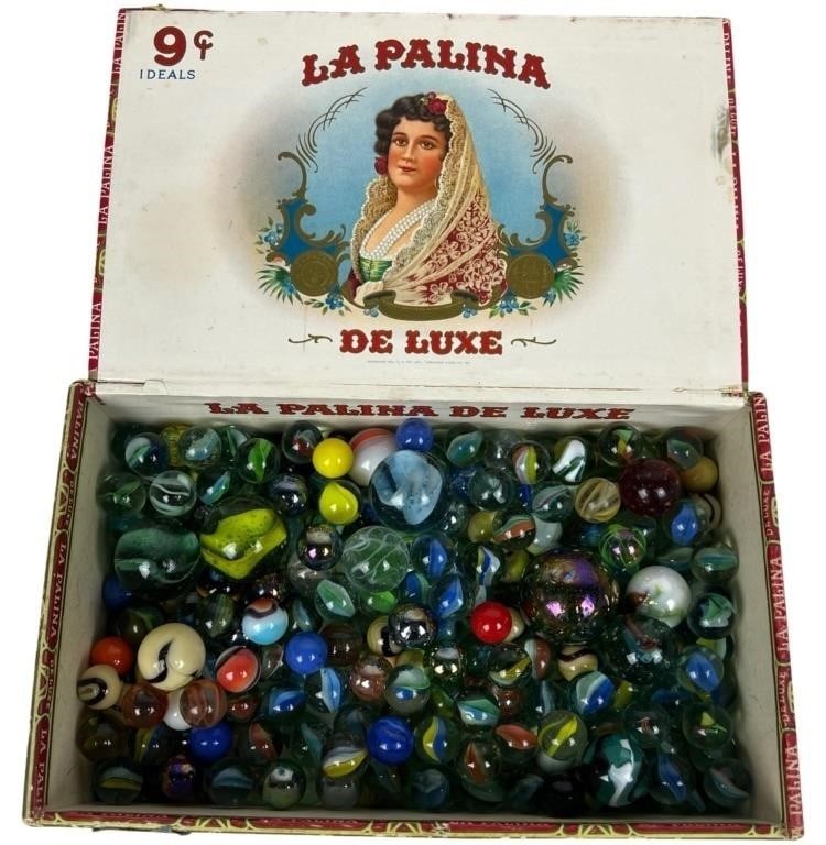 Cigar Box filled with Vintage Unsearched Marbles: Cigar Box filled with Vintage Colorful Marbles