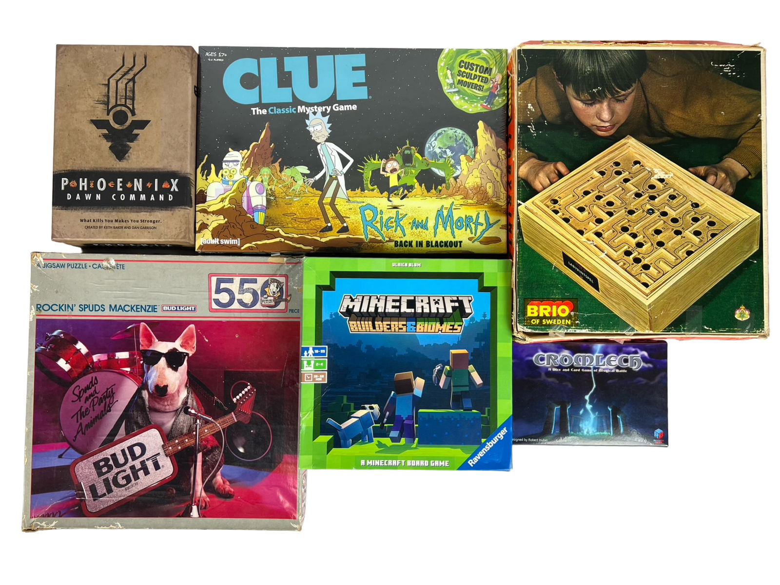 Board Games- Clue, Minecraft, Phoenix Down Command: Board Games- Clue "Rick and Morty" (sealed) , Minecraft, Phoenix Down Command, Cromlech, Brio and Bud Light Puzzle.
