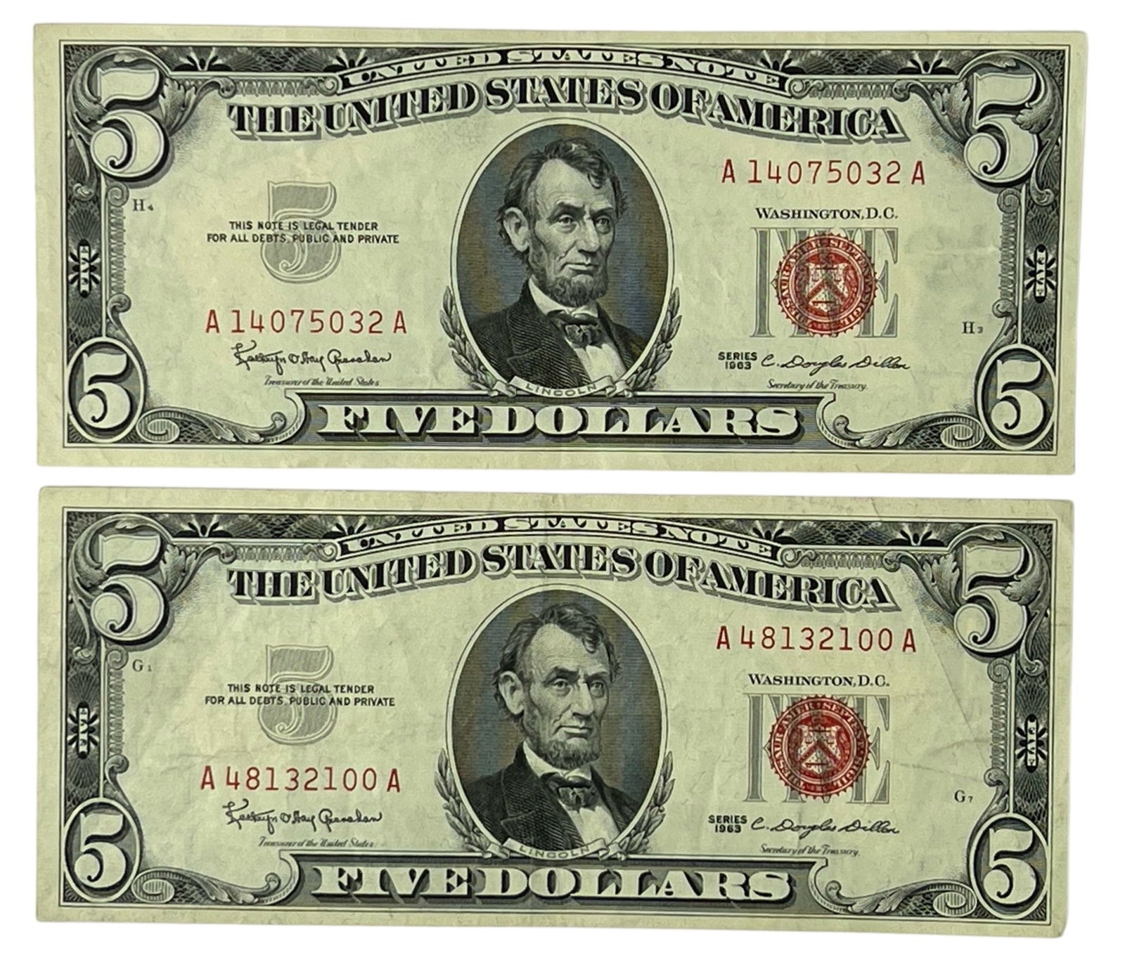 2- 1963 US Five Dollars Red Seal Bills- CU (1 of 2)
