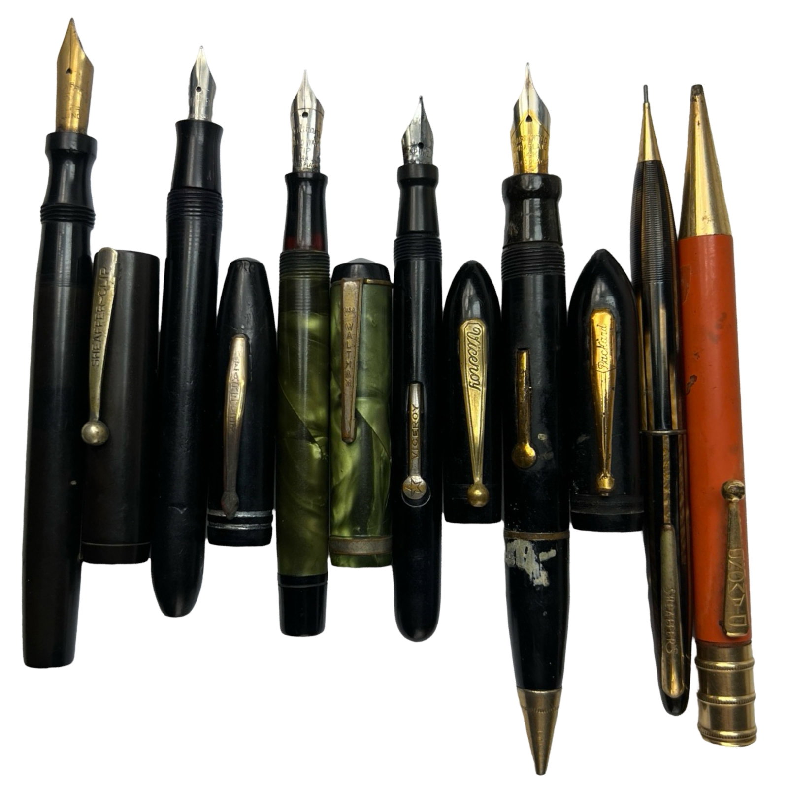 Group of Vintage Fountain Pens: Group of Vintage Fountain Pens- Sheaffer, Waltham with 14k GP Nib, Viceroy, Wearever, Packard with 14k GP Nib. Come with two Mechanical Pens- Sheaffer's and Diamond.