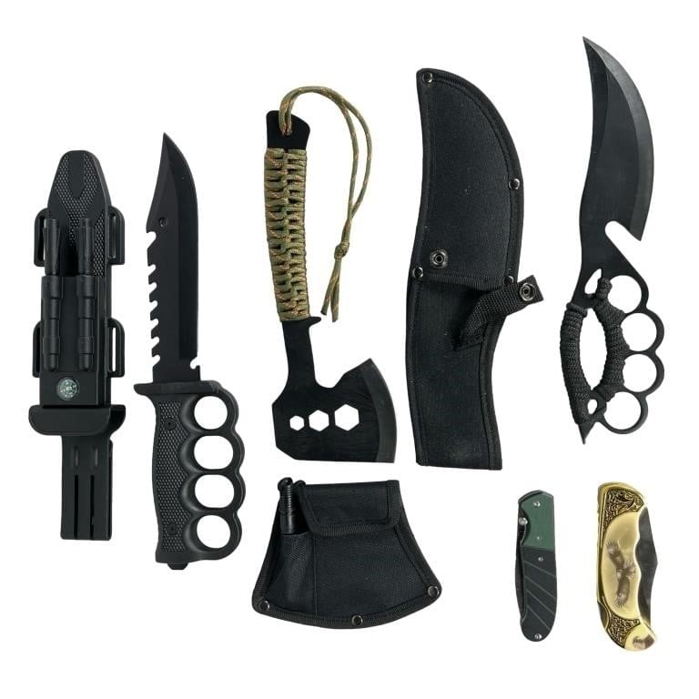 Lot of Survival Knives & Axe with Pocket Knives (1 of 2)
