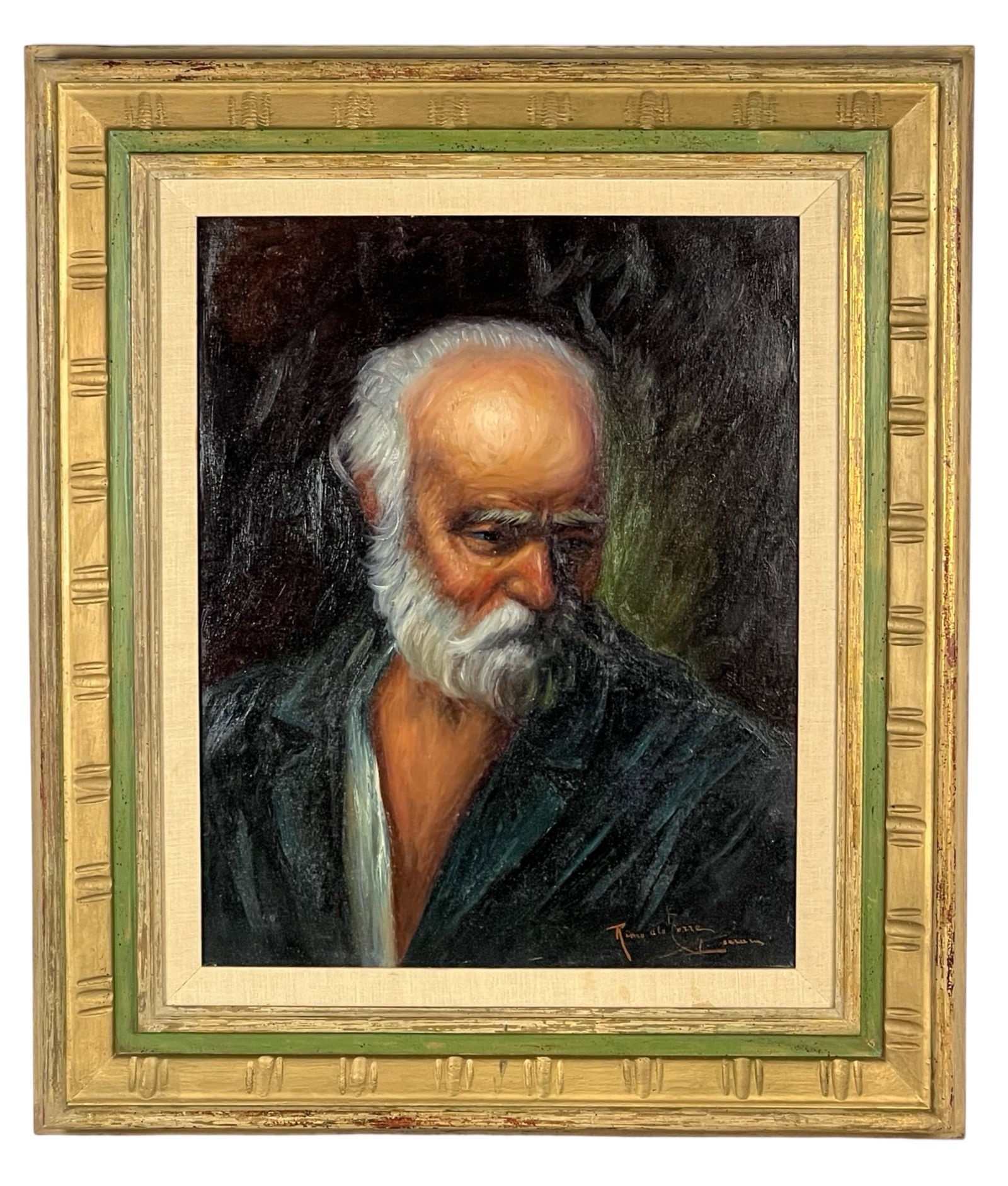 Romel De La Torre- Portrait of a Man Oil Painting: This captivating oil painting by renowned artist Romel De La Torre features a contemplative portrait, rich with emotion and masterful use of light and shadow. The artist's signature is located in the